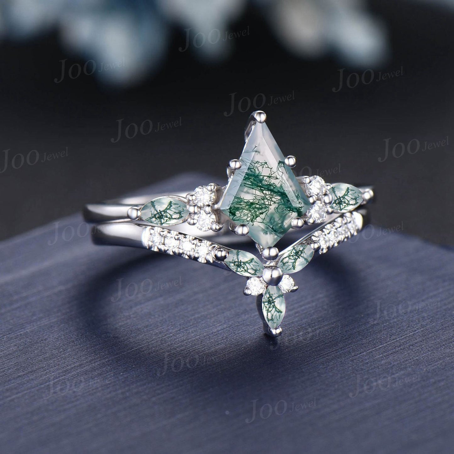 Vintage Kite Cut Green Moss Agate Engagement Ring Set 14k White Gold Marquise Moss Moissanite Ring Women Unique Agate Stone Wedding Ring Set