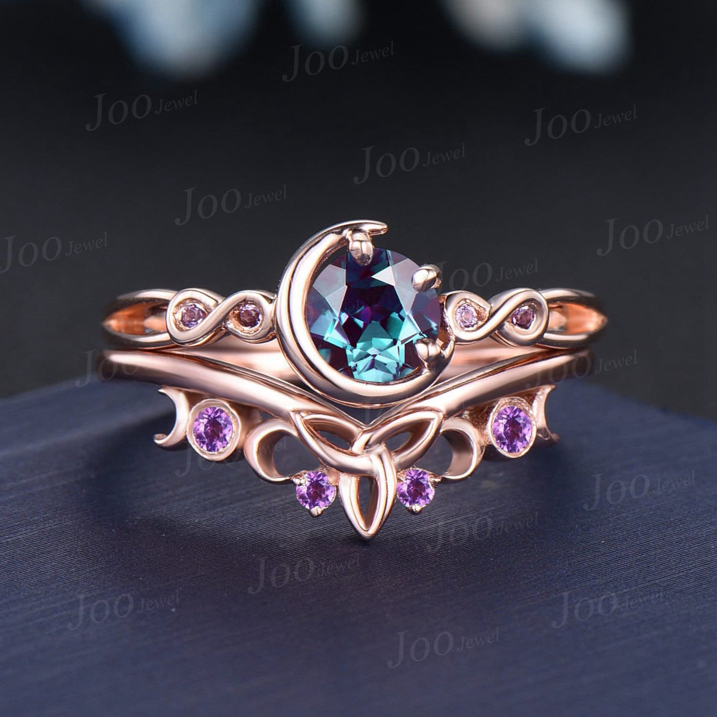 5mm Round Color-Change Alexandrite Engagement Ring Set Infinite Love Design Amethyst Ring Celtic Trinity Knot Moon Alexandrite Wedding Rings