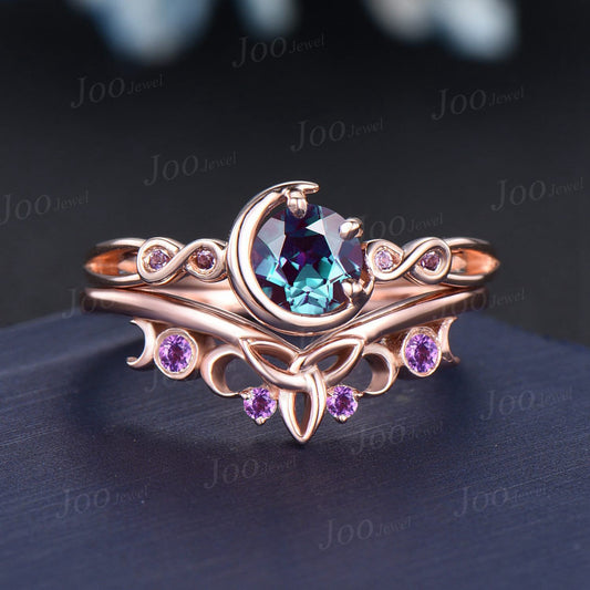 5mm Round Color-Change Alexandrite Engagement Ring Set Infinite Love Design Amethyst Ring Celtic Trinity Knot Moon Alexandrite Wedding Rings