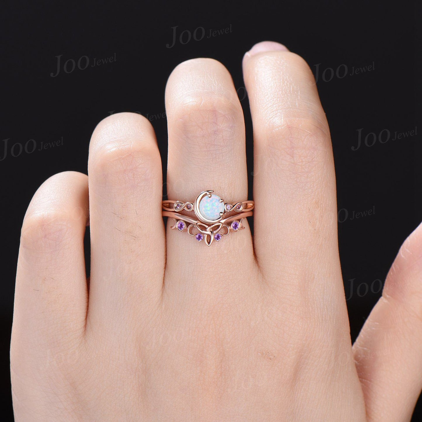 5mm Round Cut White Fire Opal Engagement Ring Set Infinite Love Cluster Amethyst Ring Celtic Trinity Knot Moon Opal Amethyst Wedding Rings