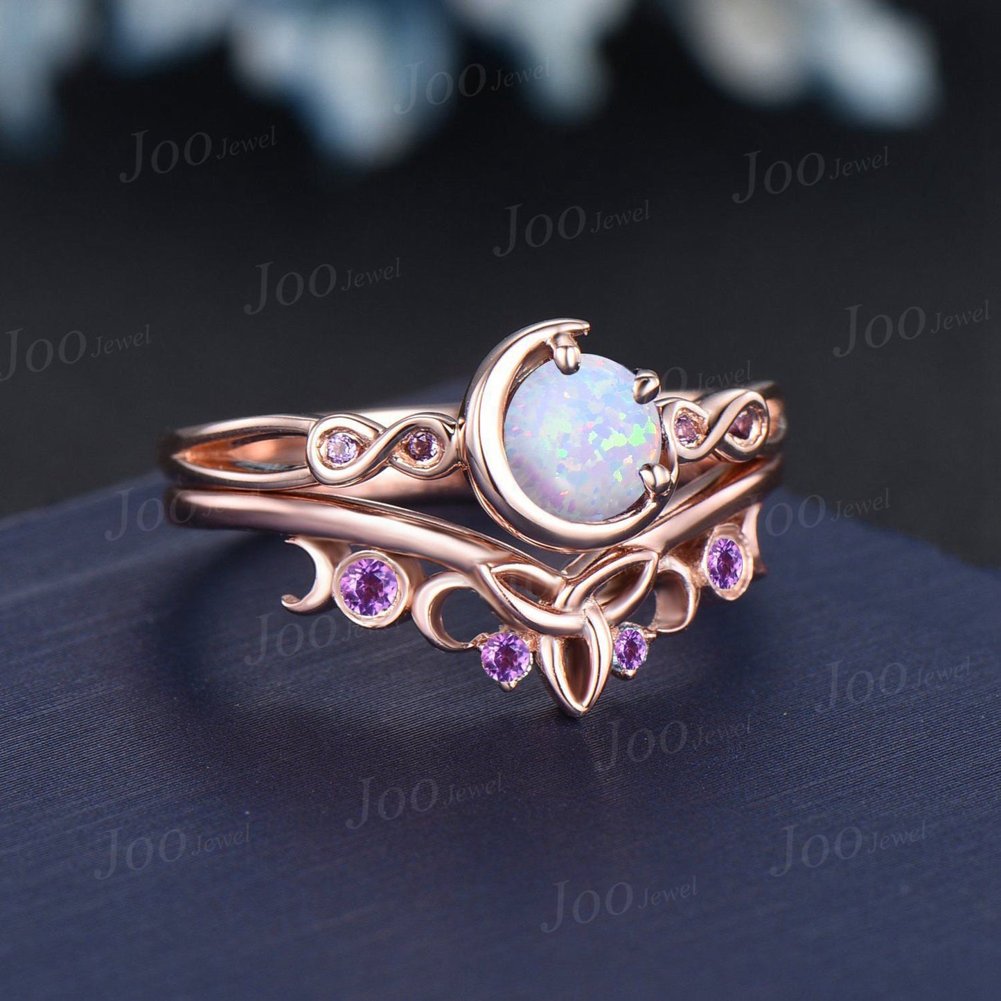 5mm Round Cut White Fire Opal Engagement Ring Set Infinite Love Cluster Amethyst Ring Celtic Trinity Knot Moon Opal Amethyst Wedding Rings