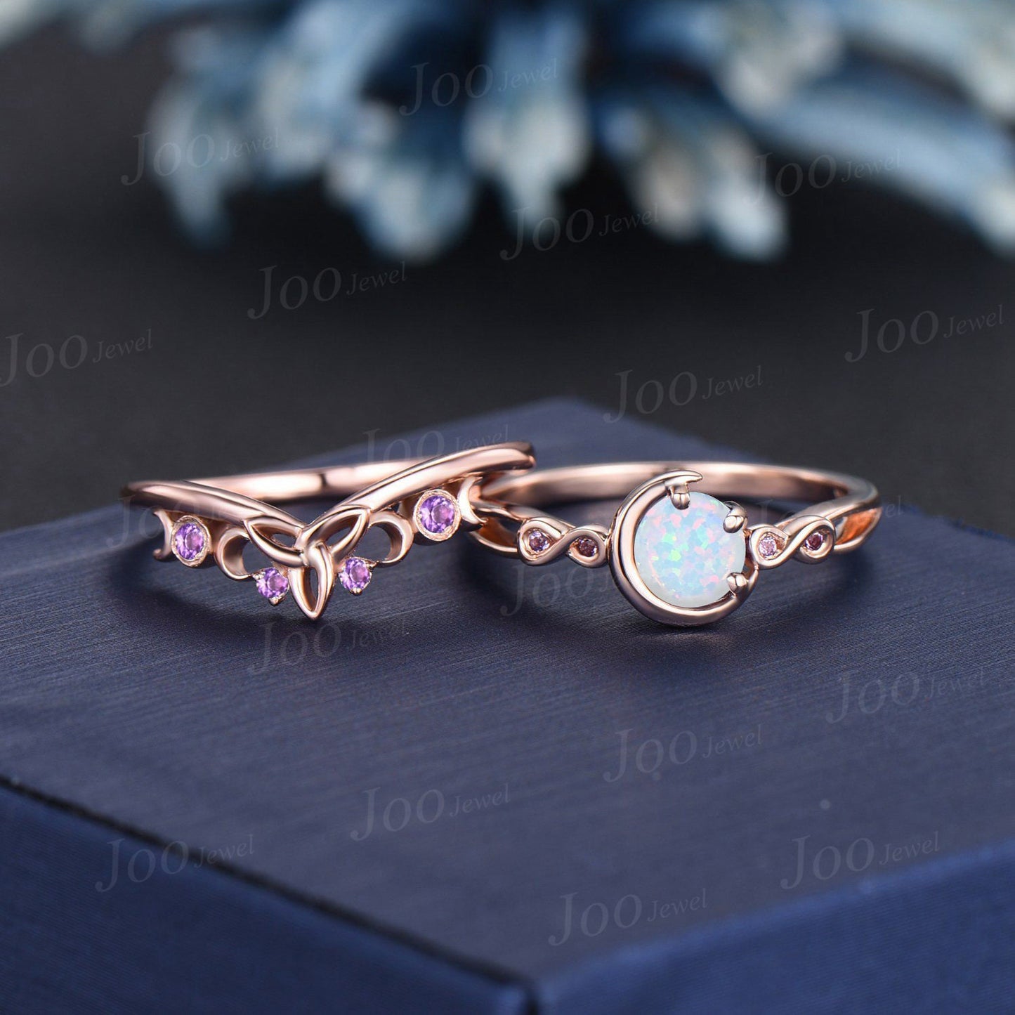 5mm Round Cut White Fire Opal Engagement Ring Set Infinite Love Cluster Amethyst Ring Celtic Trinity Knot Moon Opal Amethyst Wedding Rings