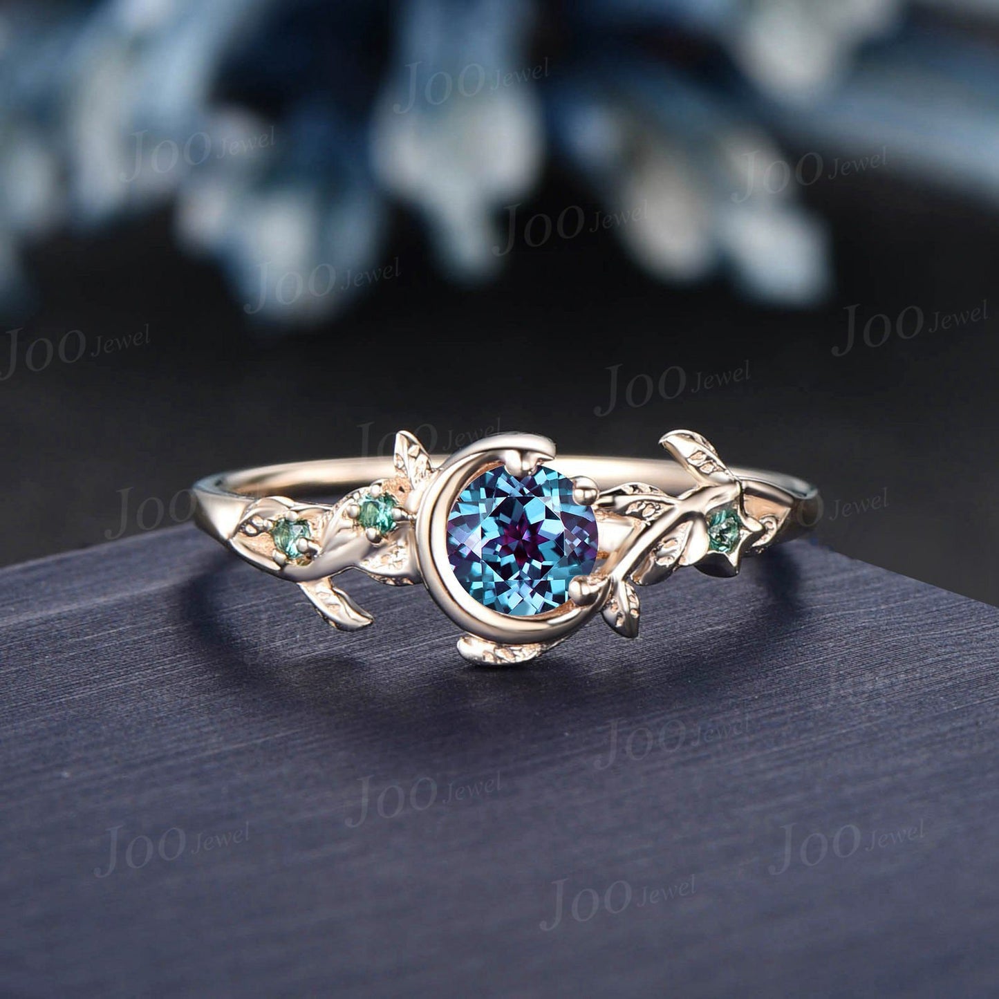 Sterling Silver Round Alexandrite Nature Engagement Ring June Birthstone Gift Cluster Emerald Moon Wedding Ring Unique Birthday Gift Women