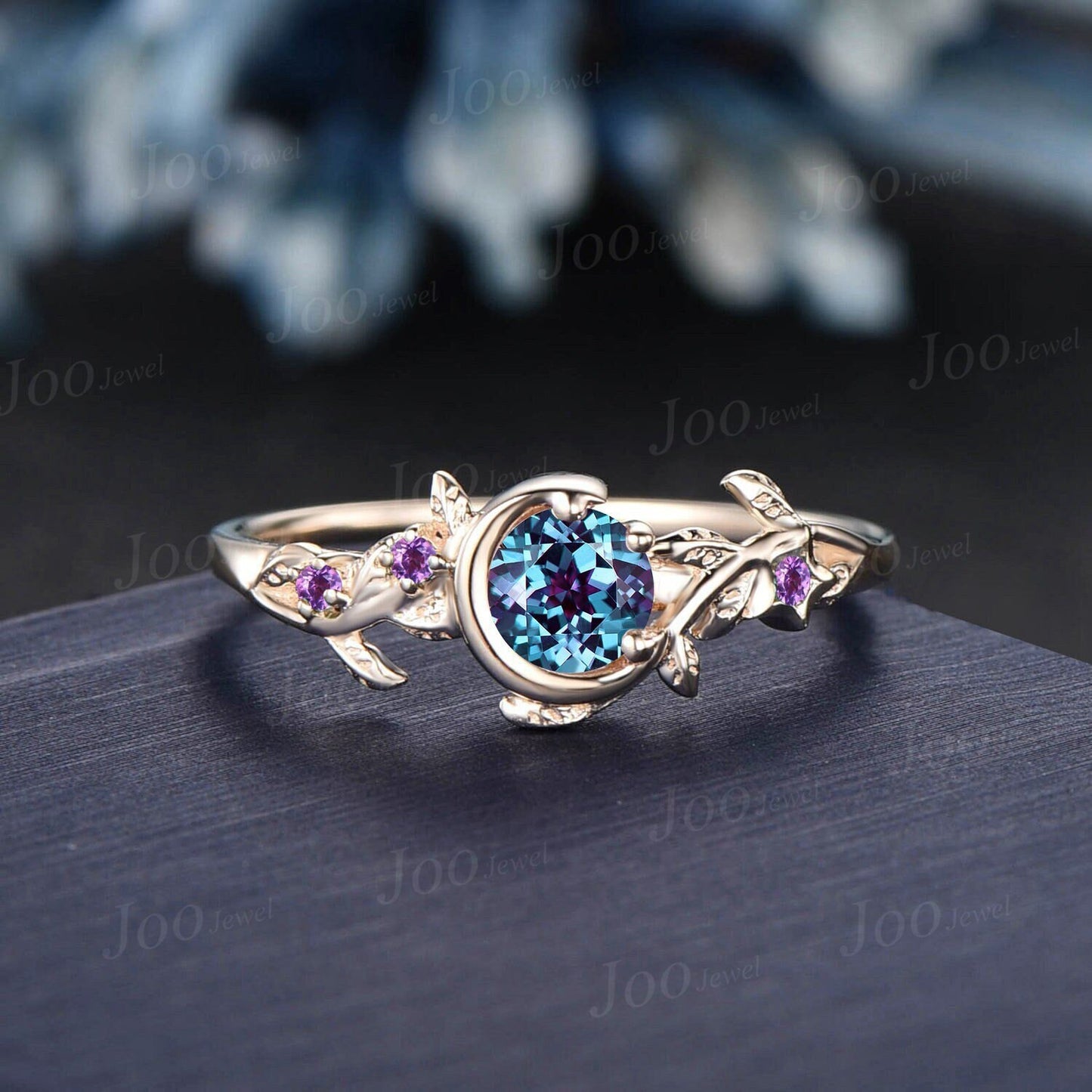 Nature Inspired Color-Change Alexandrite Engagement Ring 14K Gold Moon Star Design Round Alexandrite Amethyst Ring Branch Leaf Wedding Ring