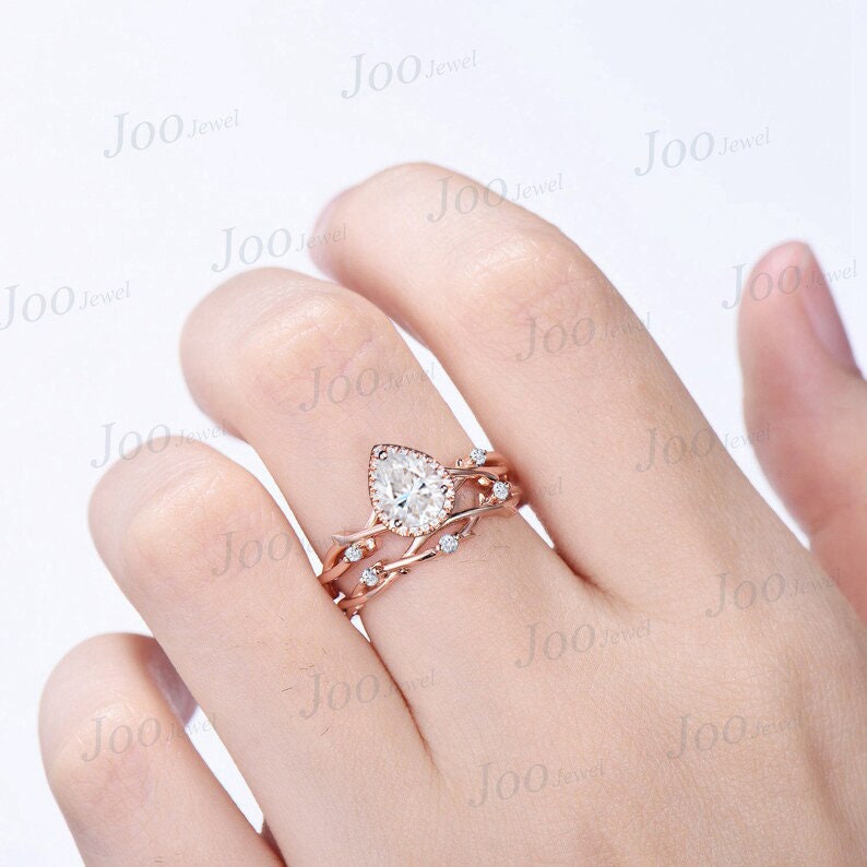 Halo Moissanite Ring Nature Inspired Pear Wedding Ring 14K Rose Gold Twig Vine Cluster Moissanite Diamond Ring Unique Anniversary Gift Women