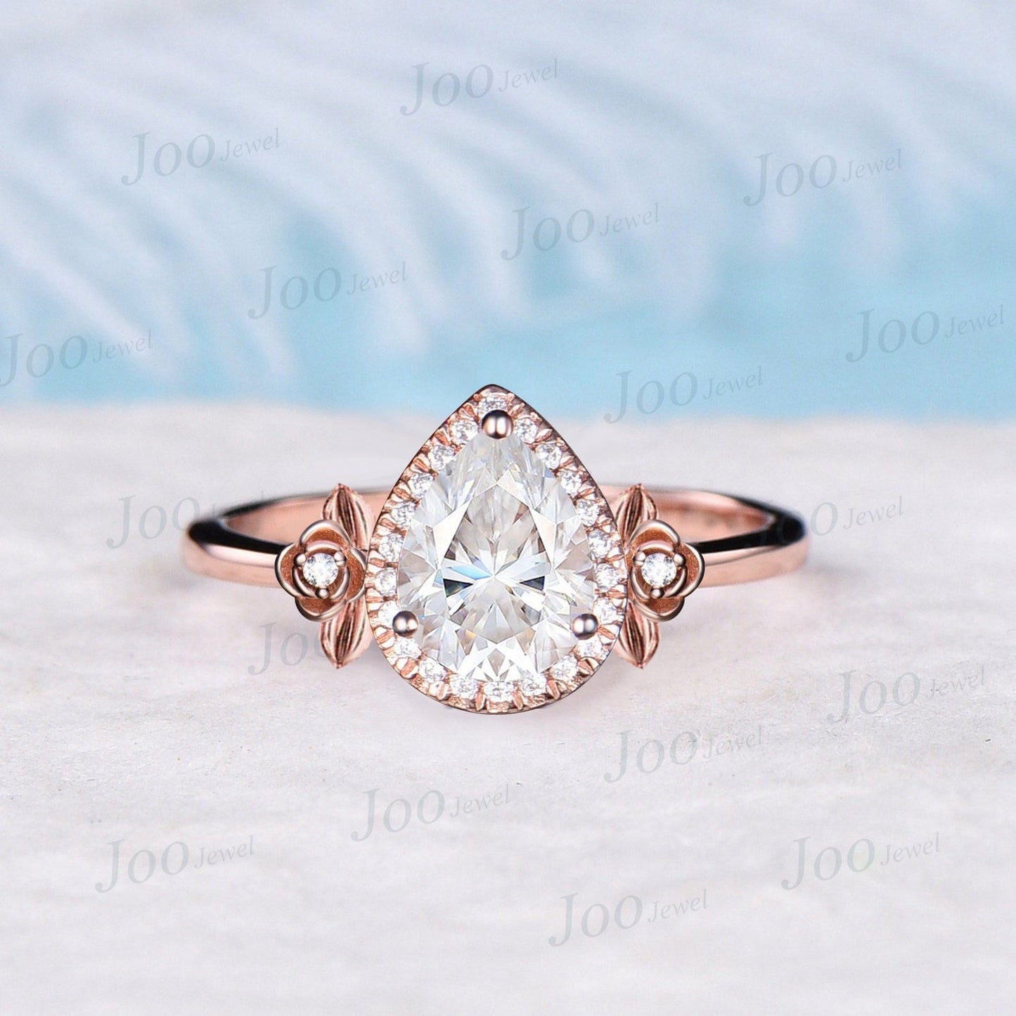 Halo Moissanite Engagement Ring Pear Wedding Ring 14K Rose Gold Leaf Flower Moissanite Diamond Cluster Ring Unique Anniversary Gifts Women