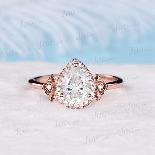 Halo Moissanite Engagement Ring Pear Wedding Ring 14K Rose Gold Leaf Flower Moissanite Diamond Cluster Ring Unique Anniversary Gifts Women