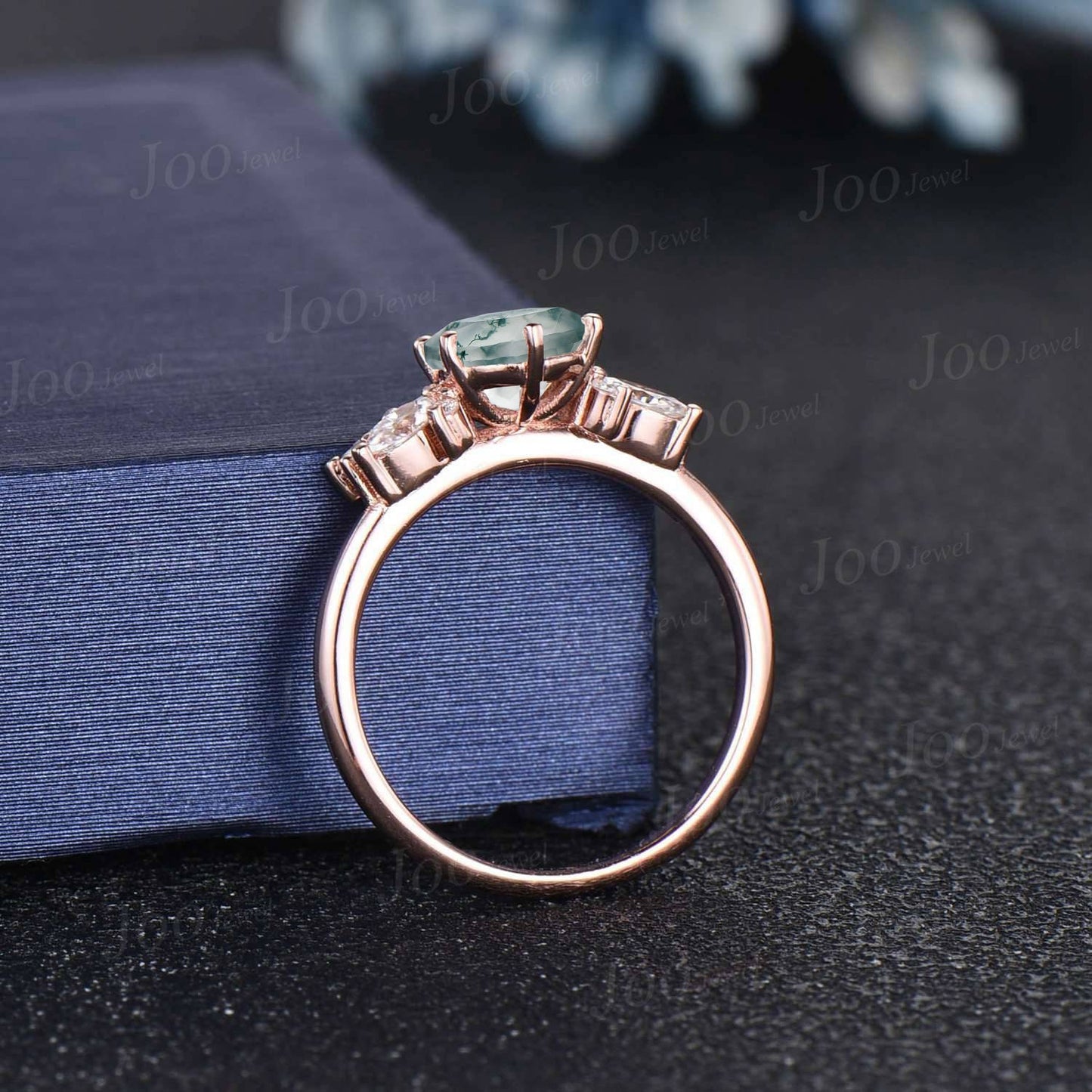 1ct Round Natural Moss Agate Ring Cluster Moissanite Agate Stone Butterfly Wedding Ring Nature Inspired Alternative Green Engagement Rings