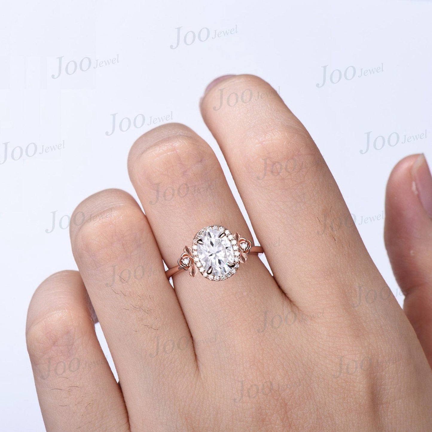 Oval Cut Moissanite Halo Wedding Ring Nature Inspired Engagement Ring 14K Rose Gold Leaf Flower Moissanite Diamond Ring Unique Promise Gifts