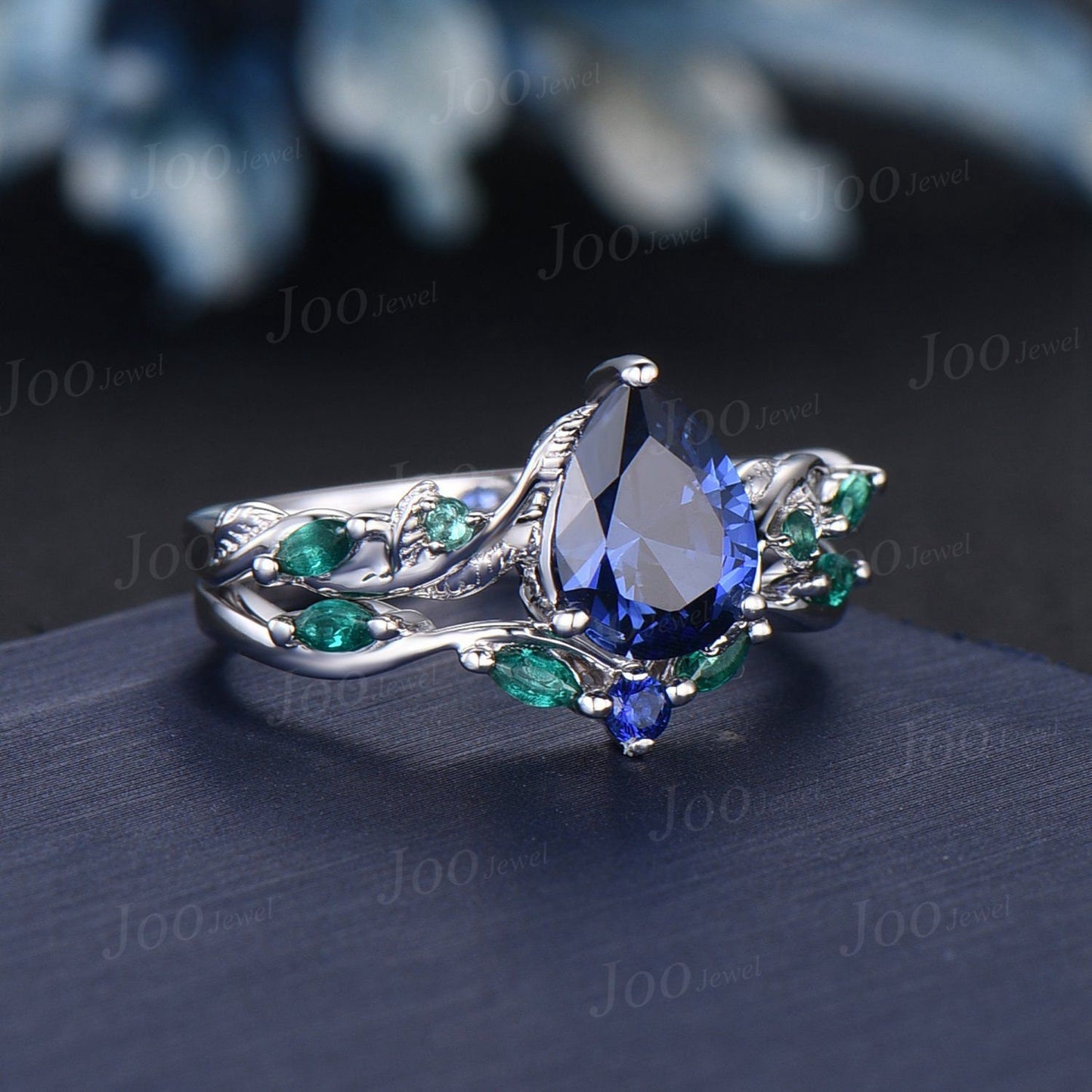 Twig Vine Blue Sapphire Engagement Ring Set Vintage Nature Inspired Pear Cut Blue Sapphire Emerald Promise Ring Antique Noble Gift for Women