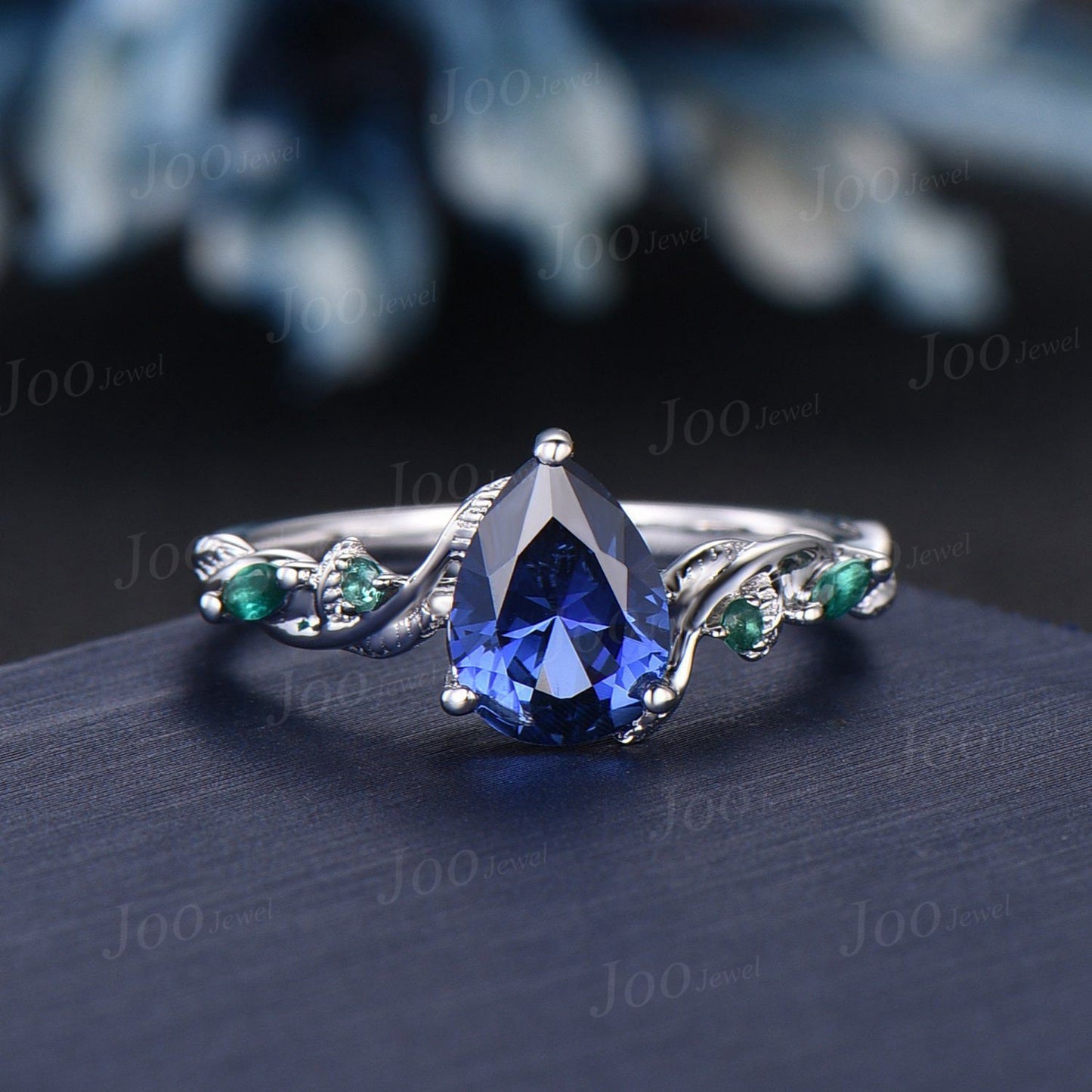 Twig Vine Blue Sapphire Engagement Ring Set Vintage Nature Inspired Pear Cut Blue Sapphire Emerald Promise Ring Antique Noble Gift for Women