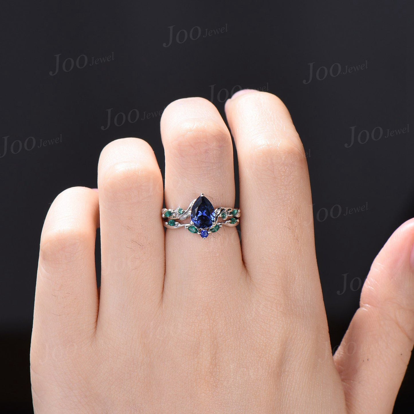 Twig Vine Blue Sapphire Engagement Ring Set Vintage Nature Inspired Pear Cut Blue Sapphire Emerald Promise Ring Antique Noble Gift for Women