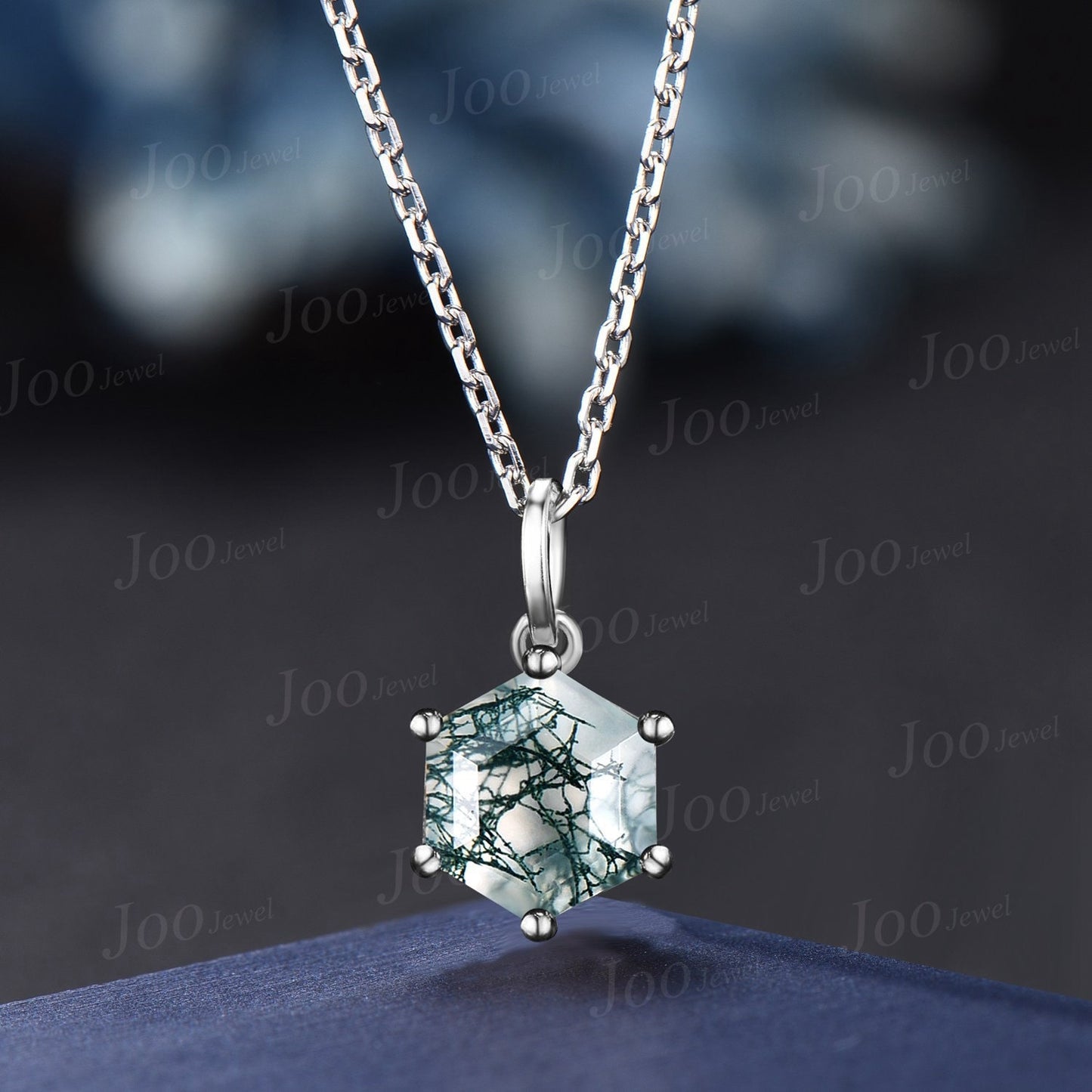 Silver Hexagon Natural Moss Agate Necklace Solid 14k/18k Rose Gold Vintage Personalized Solitaire Wedding Pendant Anniversary Bridal Gifts