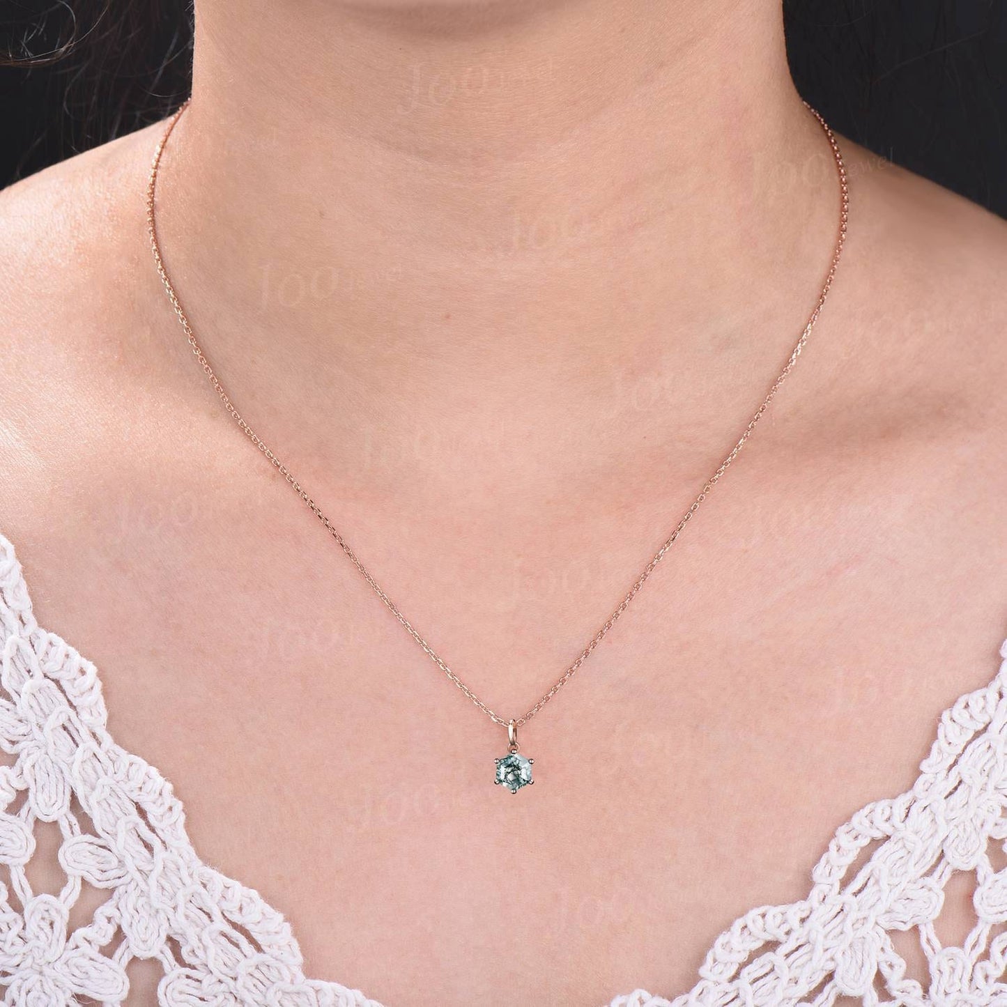 Silver Hexagon Natural Moss Agate Necklace Solid 14k/18k Rose Gold Vintage Personalized Solitaire Wedding Pendant Anniversary Bridal Gifts