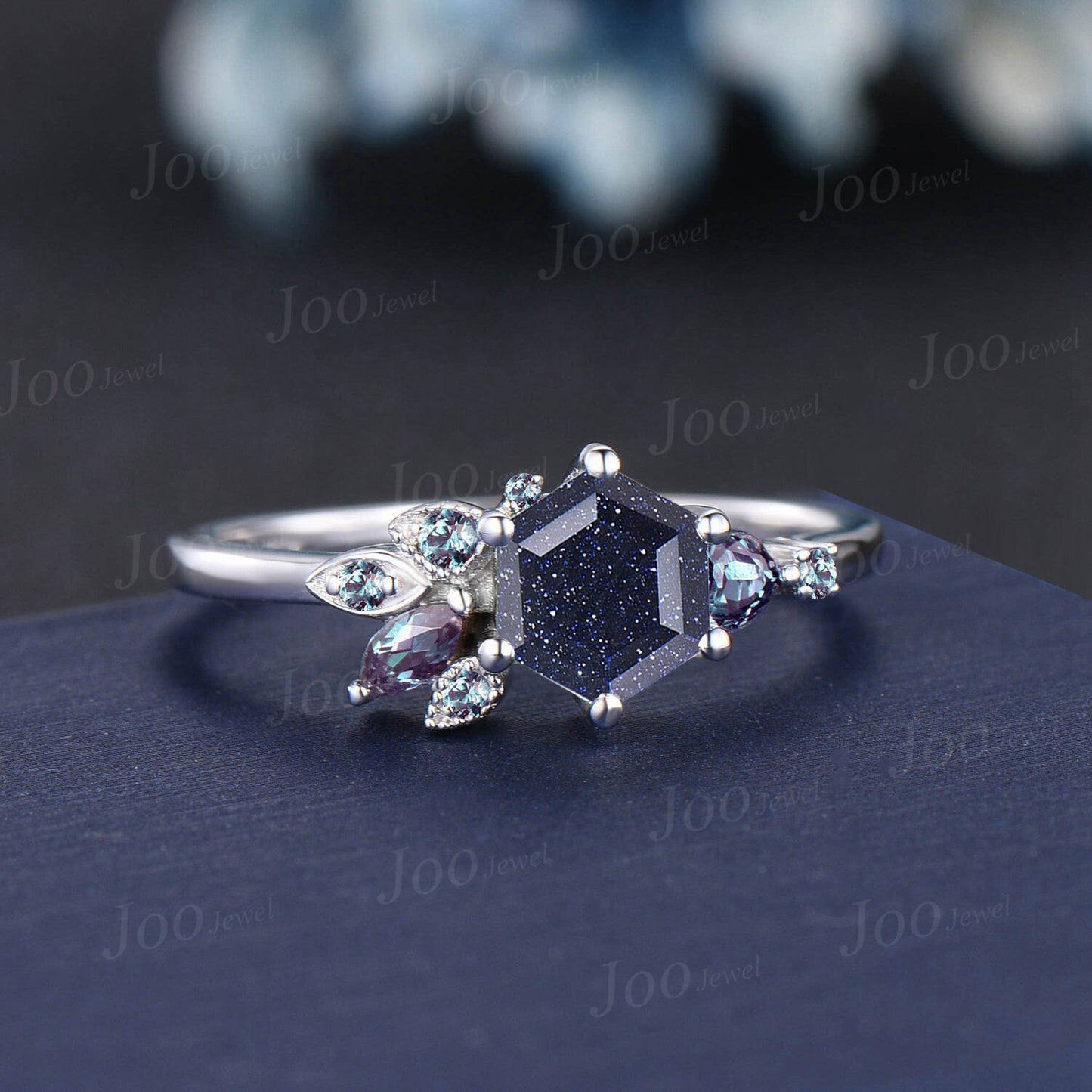 1ct Galaxy Blue Goldstone Ring Hexagon Blue Sandstone Alexandrite Engagement Ring Rose Gold Color-Change Alexandrite Cluster Wedding Rings