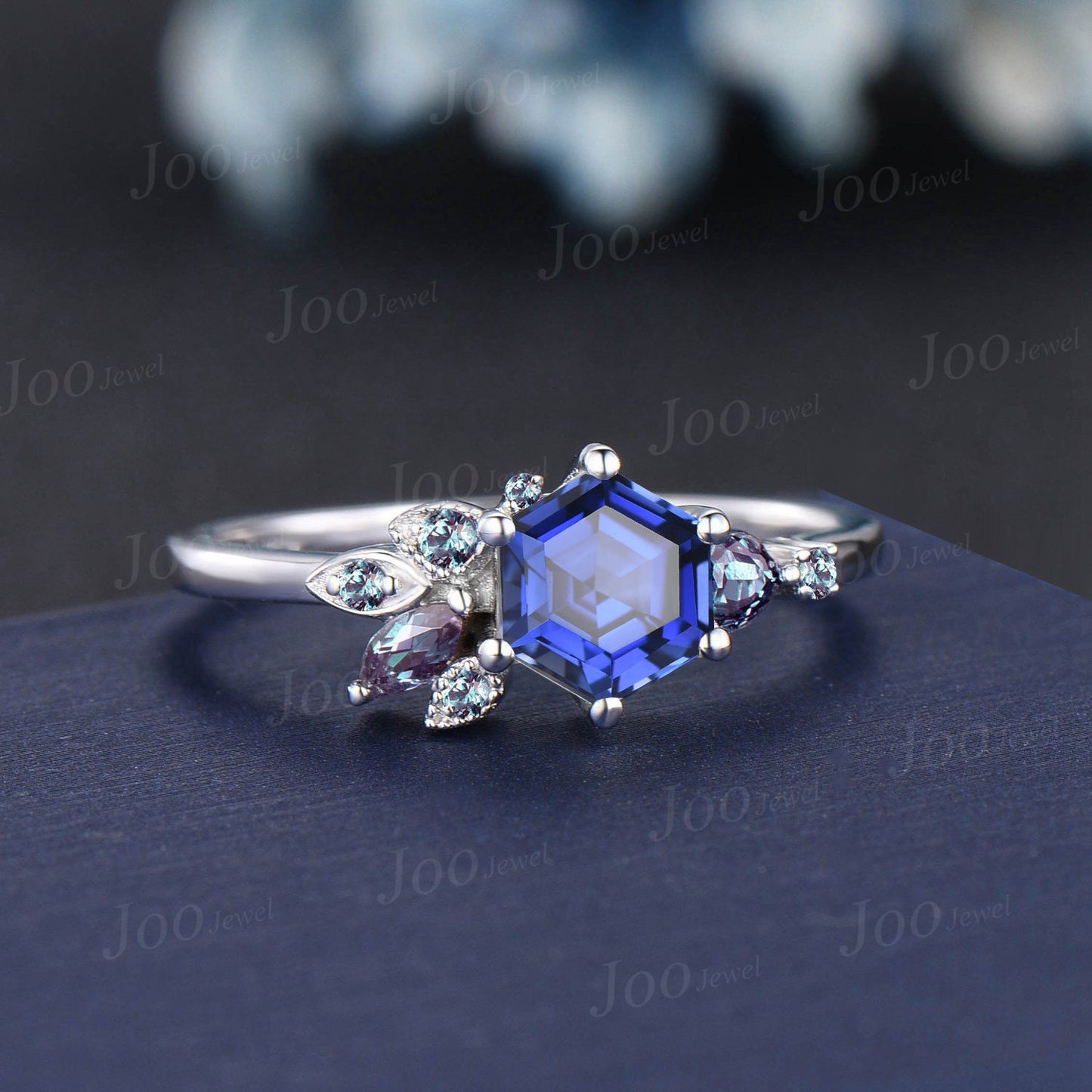 1CT Hexagon Blue Sapphire Engagement Ring 10K Rose Gold Color-Change Alexandrite Wedding Ring Cluster Promise Ring September Birthstone Gift