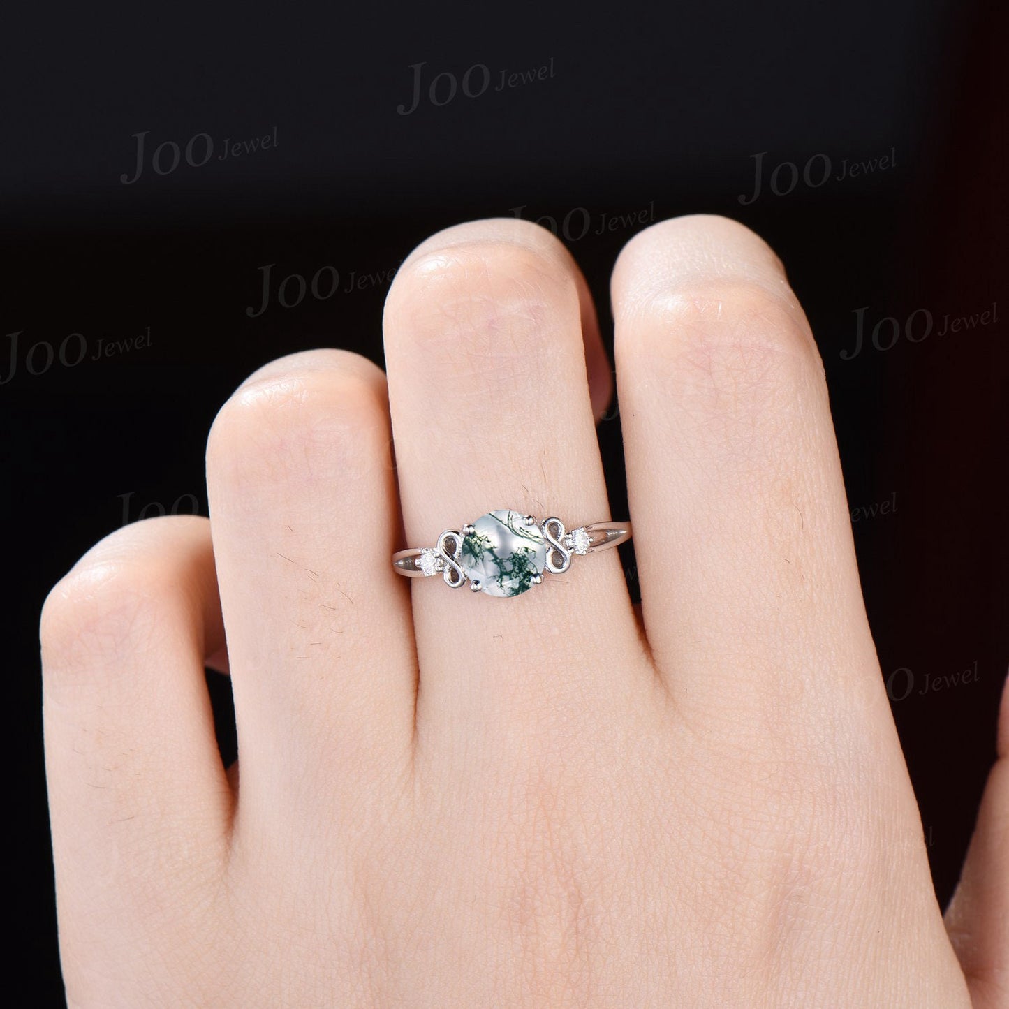 Round Natural Green Moss Agate Engagement Ring Bow Tie Infinity Diamond Wedding Ring Split Shank Band Unique Personalized Anniversary Gifts