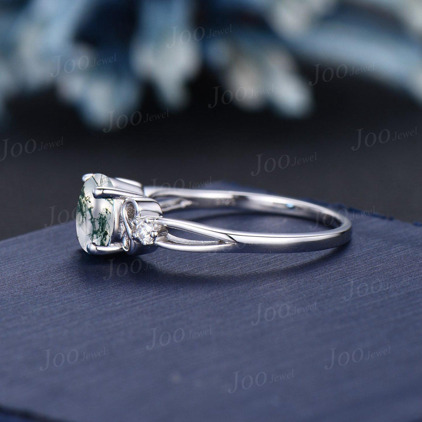 Round Natural Green Moss Agate Engagement Ring Bow Tie Infinity Diamond Wedding Ring Split Shank Band Unique Personalized Anniversary Gifts