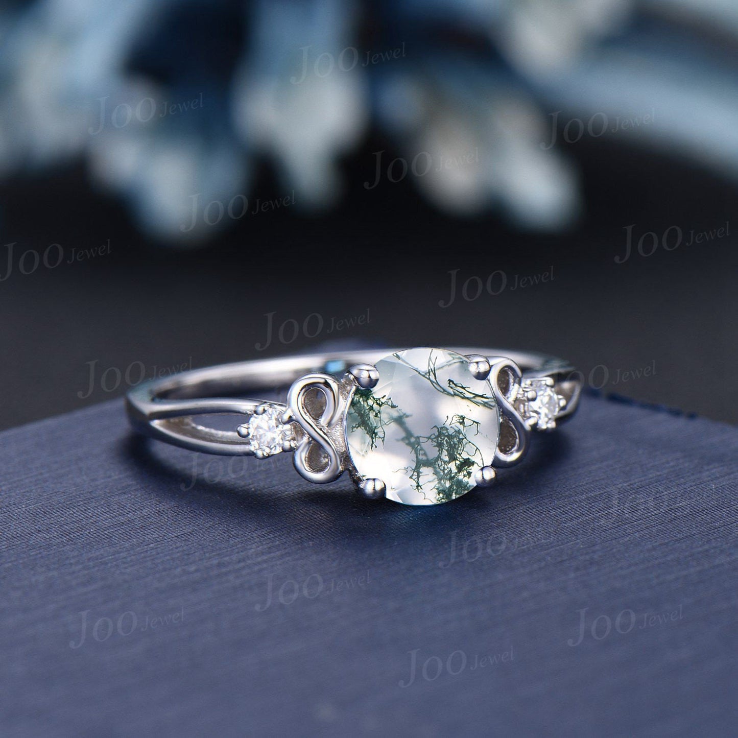 Round Natural Green Moss Agate Engagement Ring Bow Tie Infinity Diamond Wedding Ring Split Shank Band Unique Personalized Anniversary Gifts