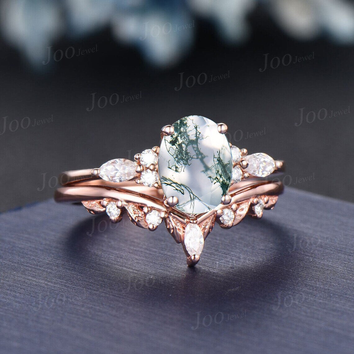 1.5ct Oval Cut Moss Agate Engagement Bridal Ring Set 14K Rose Gold Cluster Moissanite Diamond Ring Twig Vine Branch Wedding Band for Women