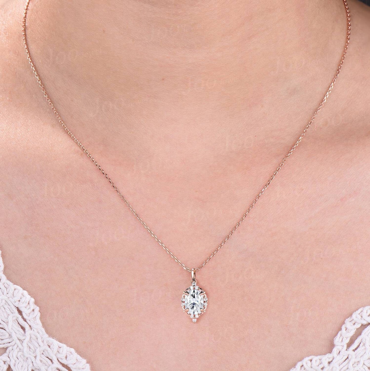 Nature Inspired Moissanite Pendant Necklace 14K Gold April Birthstone Necklace Twig Halo Moissanite Jewelry Sterling Silver Oval Necklaces