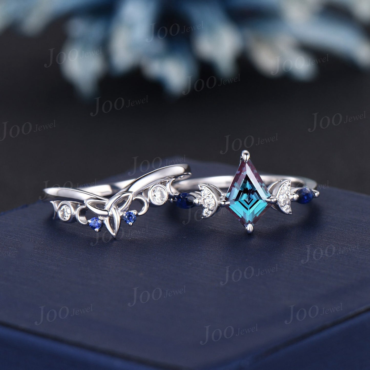 Kite Color-Change Alexandrite Engagement Ring White Gold Crescent Moon Wedding Ring Trinity Celtic Knot Blue Sapphire Moissanite Bridal Ring