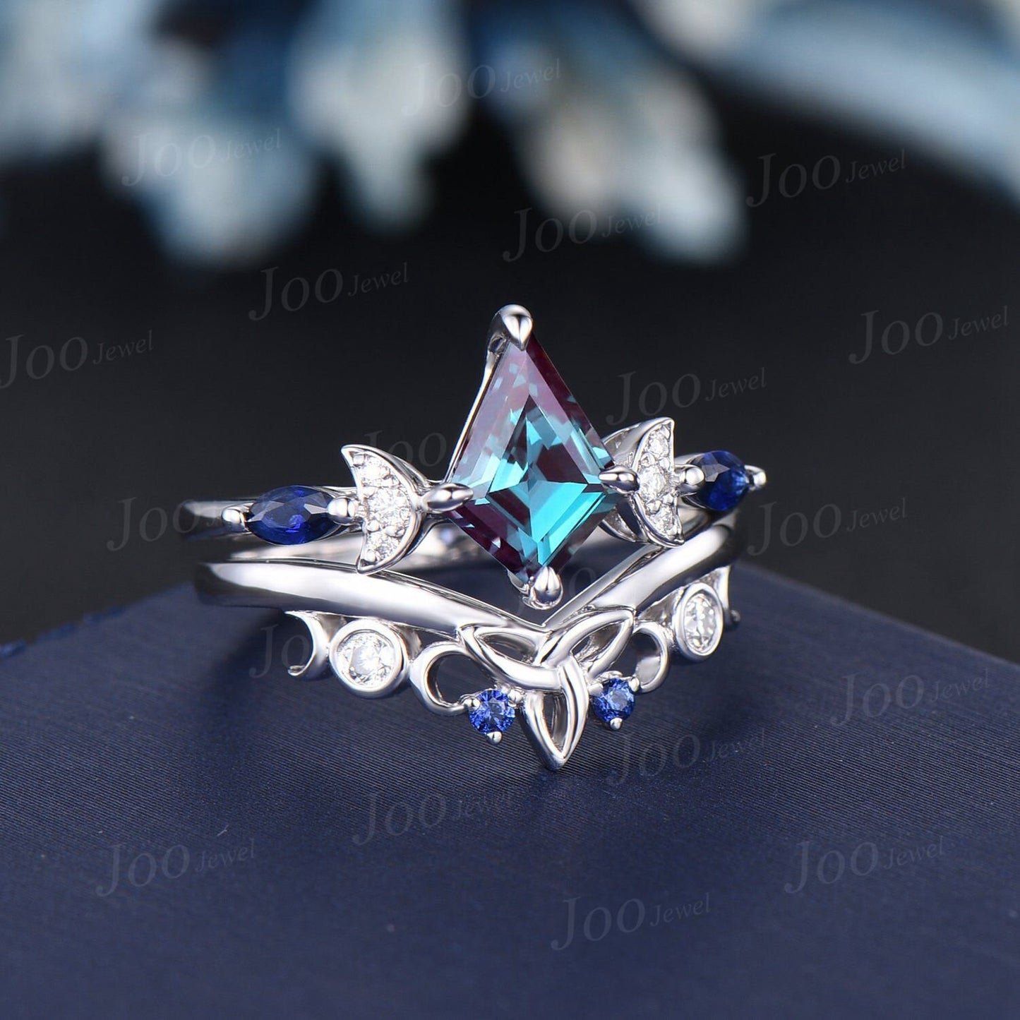 Kite Color-Change Alexandrite Engagement Ring White Gold Crescent Moon Wedding Ring Trinity Celtic Knot Blue Sapphire Moissanite Bridal Ring