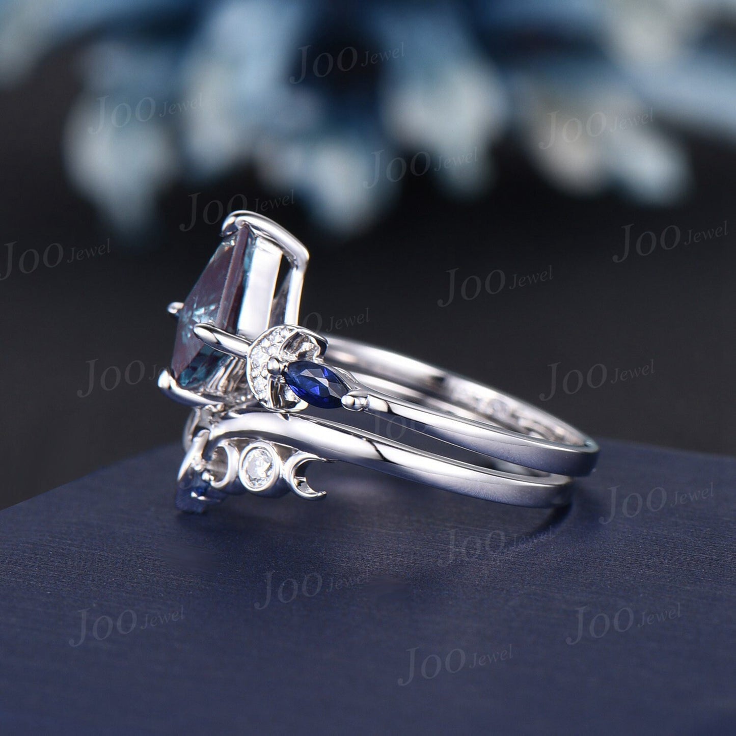 Kite Color-Change Alexandrite Engagement Ring White Gold Crescent Moon Wedding Ring Trinity Celtic Knot Blue Sapphire Moissanite Bridal Ring