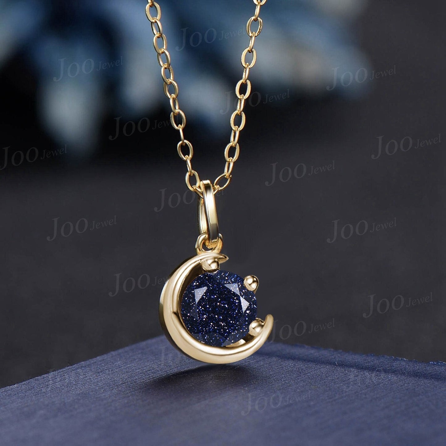 Dainty Round Blue Sandstone Pendant Necklace Silver/14K Yellow Gold Starry Sky Blue Goldstone Wedding Necklace Unique Cresecnt Moon Necklace