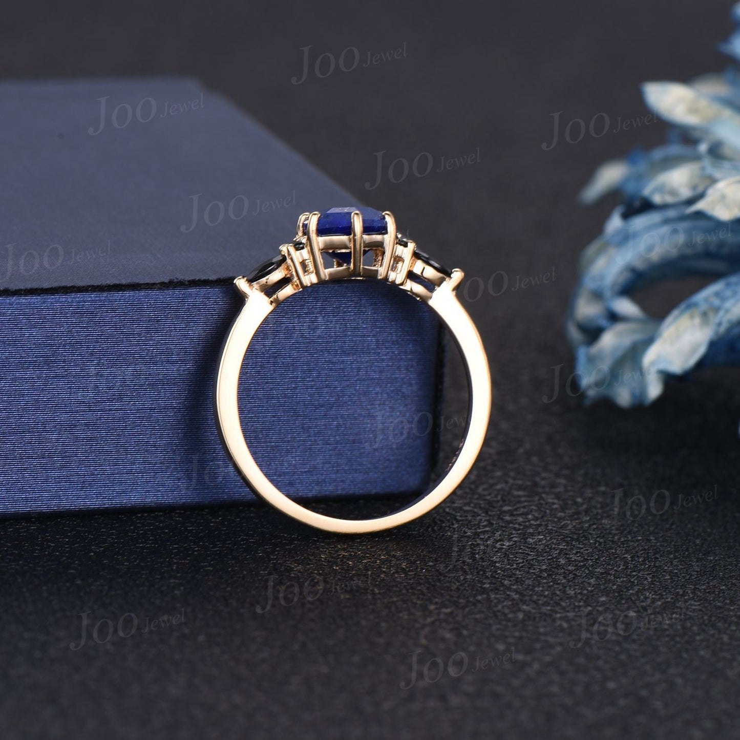 1ct Hexagon Cut Natural Lapis Lazuli Engagement Ring 10K Solid Gold Vintage Lapis Gold Black Spinel Wedding Ring Unique Antique Gift for Her