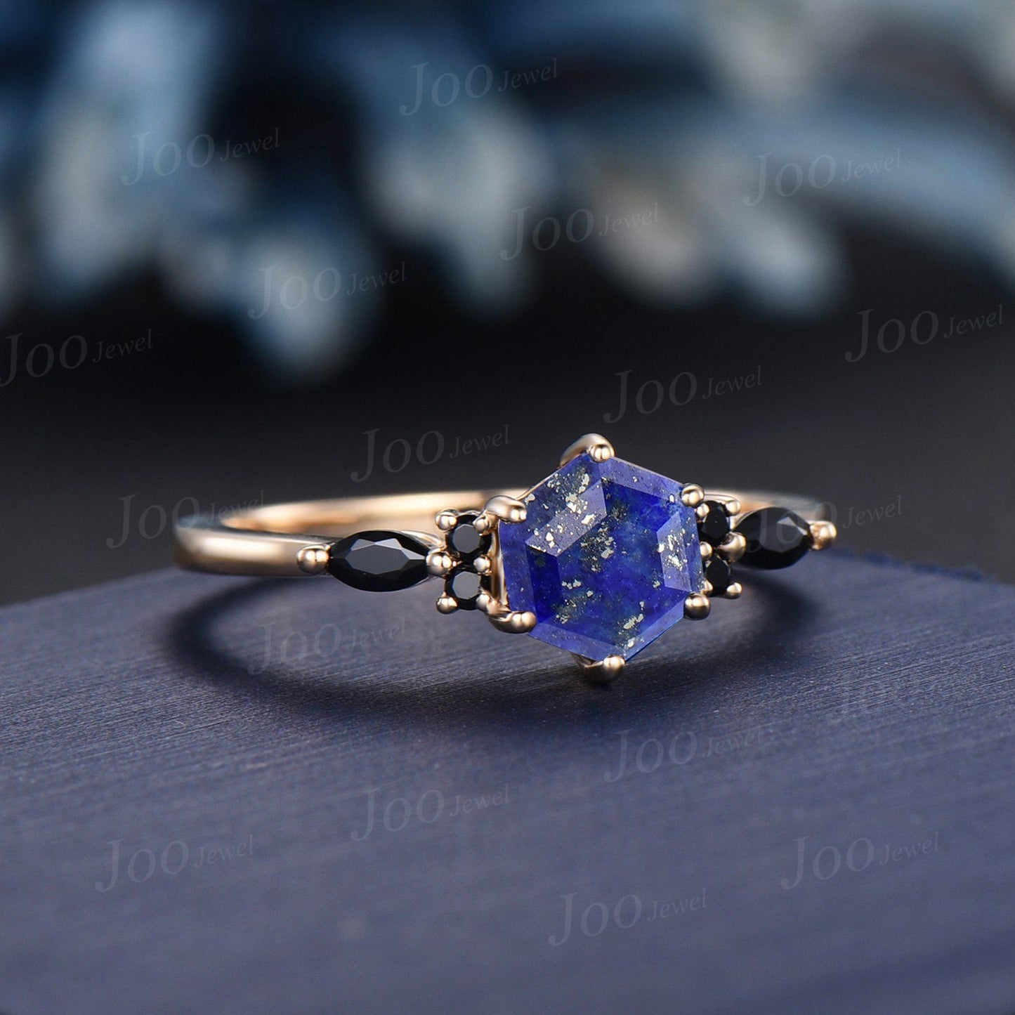1ct Hexagon Cut Natural Lapis Lazuli Engagement Ring 10K Solid Gold Vintage Lapis Gold Black Spinel Wedding Ring Unique Antique Gift for Her