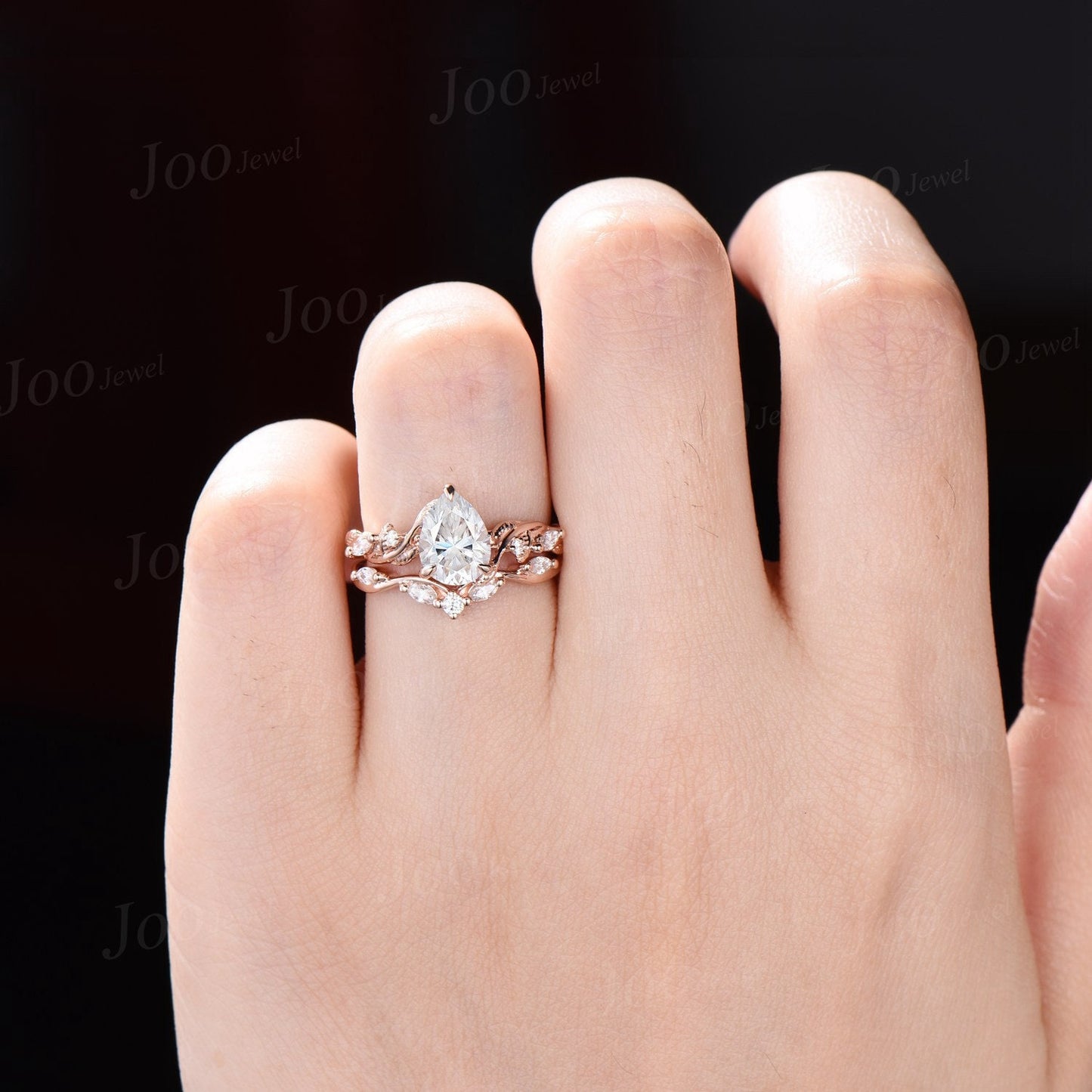 Nature Inspired Moissanite Engagement Ring Set Twist Band 1.25ct Pear Moissanite Diamond Wedding Ring Set Leaf Vine Ring Branch Bridal Set