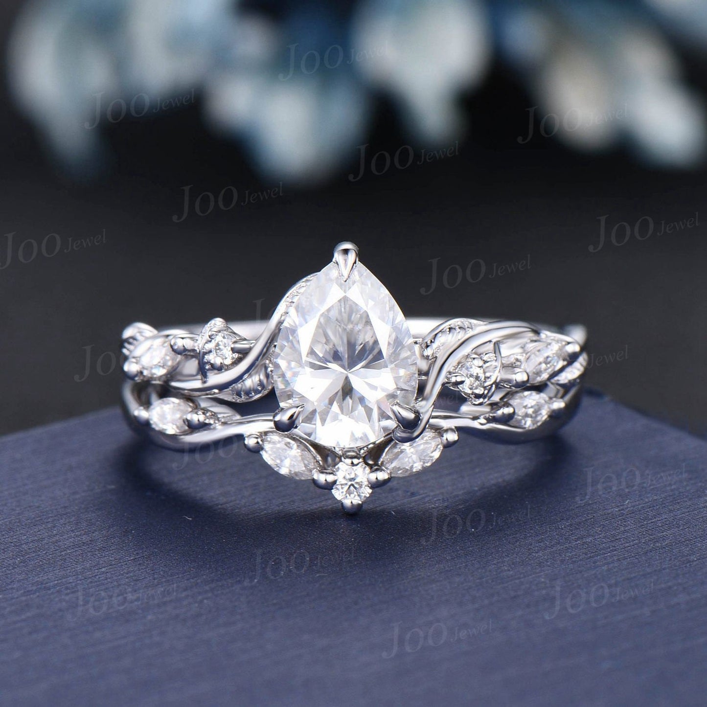 Nature Inspired Moissanite Engagement Ring Set Twist Band 1.25ct Pear Moissanite Diamond Wedding Ring Set Leaf Vine Ring Branch Bridal Set