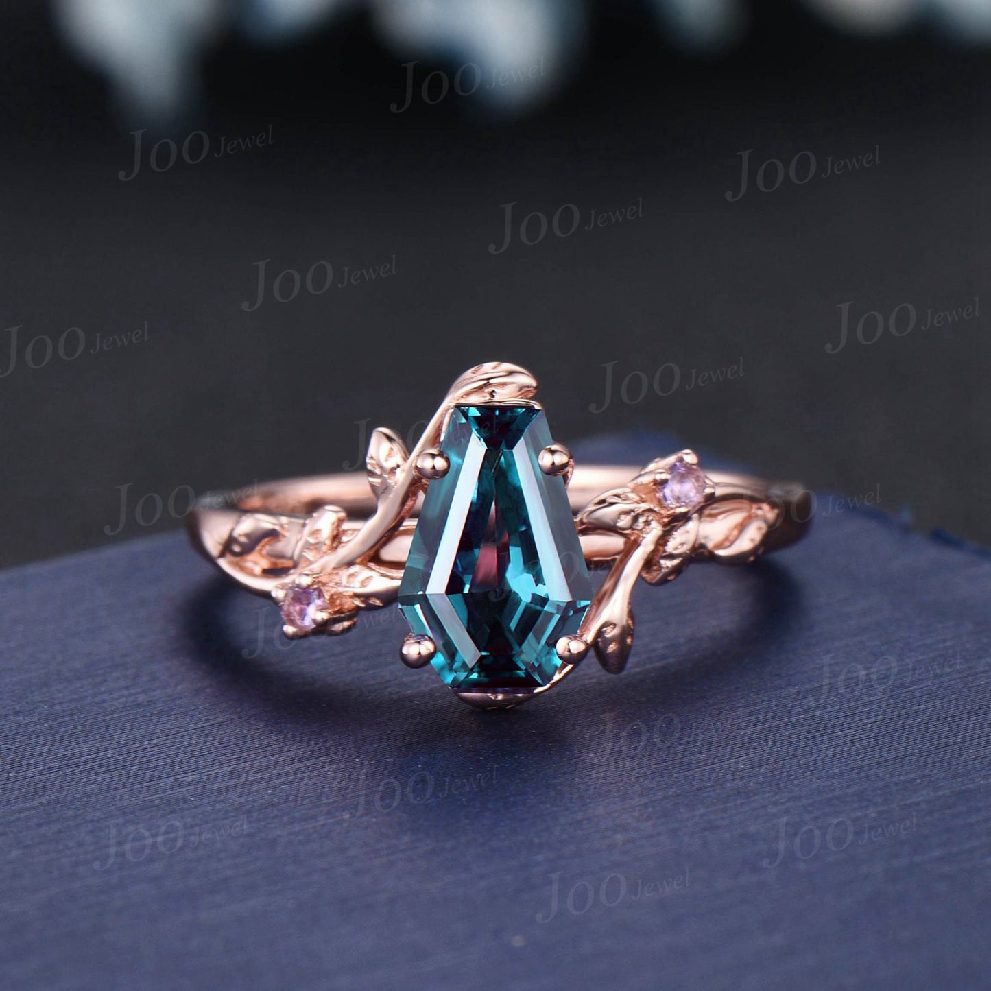 Nature Inspired Coffin Cut Color-Change Alexandrite Engagement Ring Set Long Hexagon Alexandrite Ring Cluster Branch Amethyst Wedding Rings