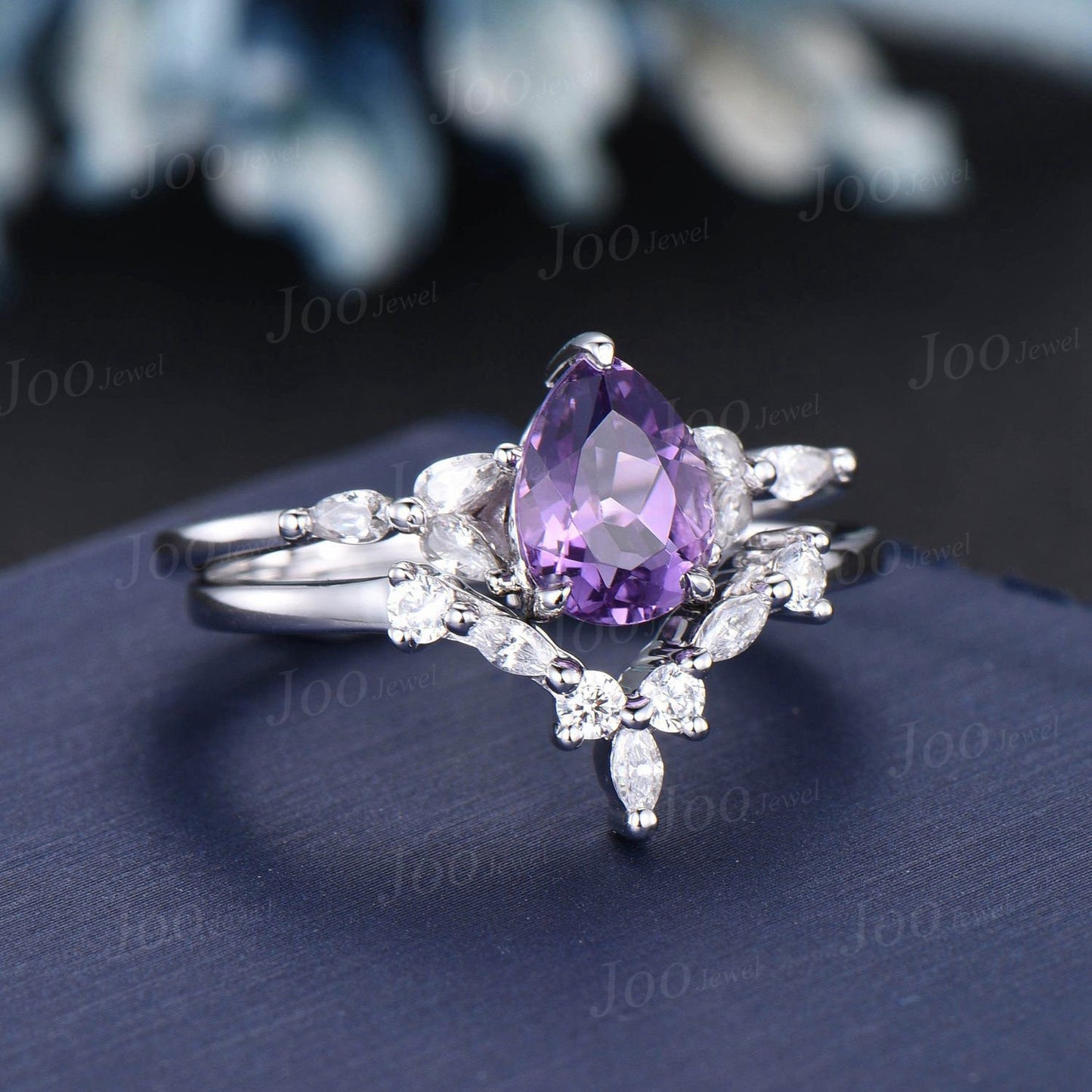 1.25ct Pear Shaped Natural Amethyst Ring Set Silver Platinum Purple Crystal Amethyst Wedding Bridal Ring February Birthstone Jewelry Gifts