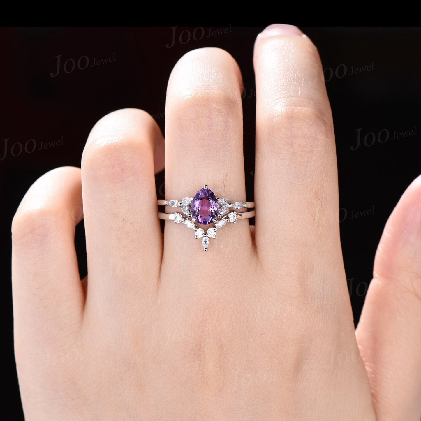 1.25ct Pear Shaped Natural Amethyst Ring Set Silver Platinum Purple Crystal Amethyst Wedding Bridal Ring February Birthstone Jewelry Gifts