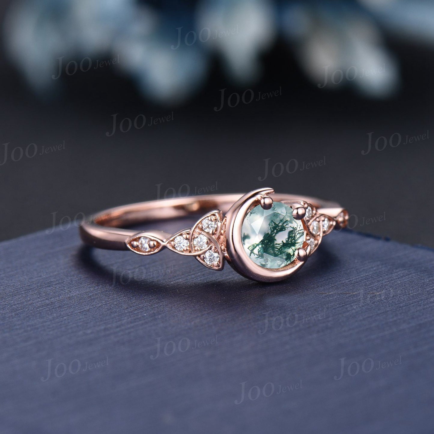 5mm Round Natural Green Moss Agate Celestial Moon Wedding Ring Celtic Knot Trinity Band 10K Rose Gold Moissanite Aquatic Agate Bridal Ring