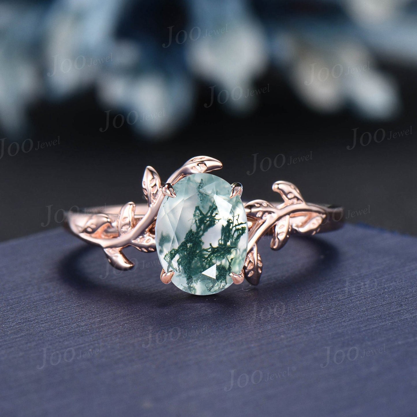 1.5ct Oval Cut Natural Moss Agate Wedding Ring Set Nature Inspired Branch Aquatic Agate Solitaire Ring Leaf Moissanite Ring Anniversary Gift