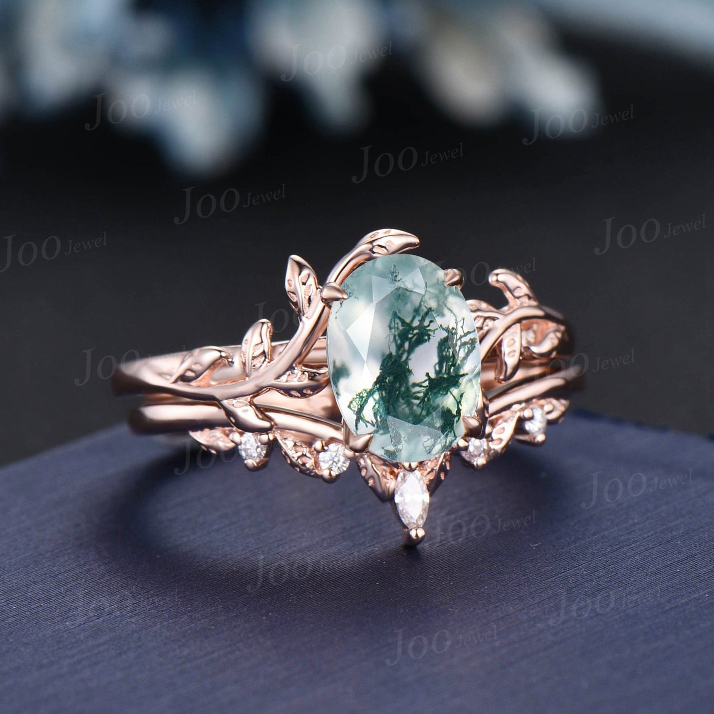 1.5ct Oval Cut Natural Moss Agate Wedding Ring Set Nature Inspired Branch Aquatic Agate Solitaire Ring Leaf Moissanite Ring Anniversary Gift