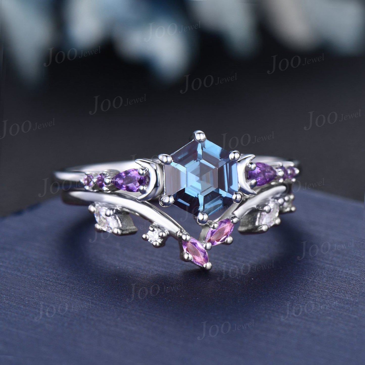 1ct Hexagon Cut Color-Change Alexandrite Amethyst Moon Engagement Ring Set 14K White Gold Branch Leaf Vine Amethyst Moissanite Wedding Ring