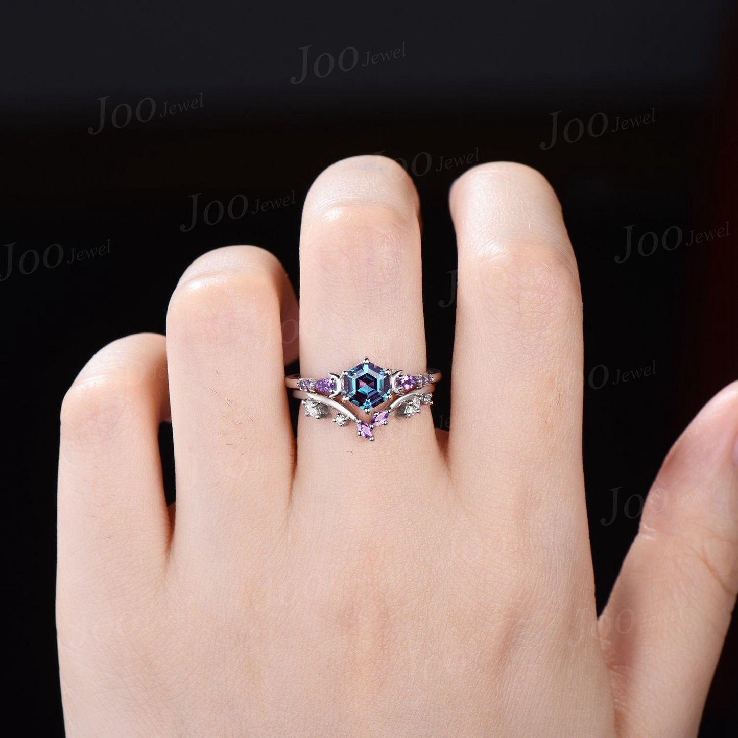 1ct Hexagon Cut Color-Change Alexandrite Amethyst Moon Engagement Ring Set 14K White Gold Branch Leaf Vine Amethyst Moissanite Wedding Ring
