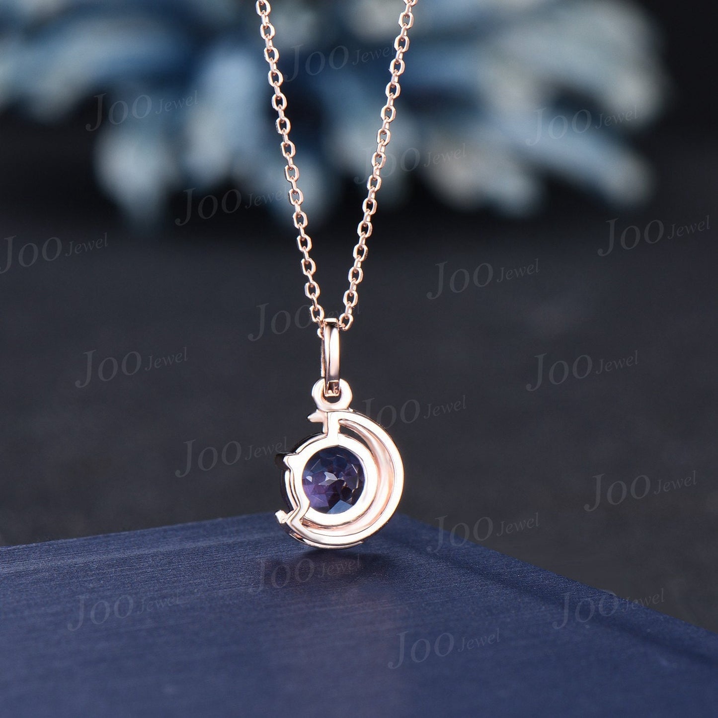 Dainty Round Blue Sandstone Pendant Necklace Silver/14K Yellow Gold Starry Sky Blue Goldstone Wedding Necklace Unique Cresecnt Moon Necklace