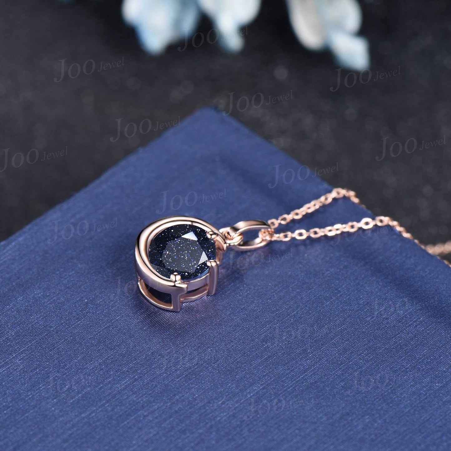 Dainty Round Blue Sandstone Pendant Necklace Silver/14K Yellow Gold Starry Sky Blue Goldstone Wedding Necklace Unique Cresecnt Moon Necklace