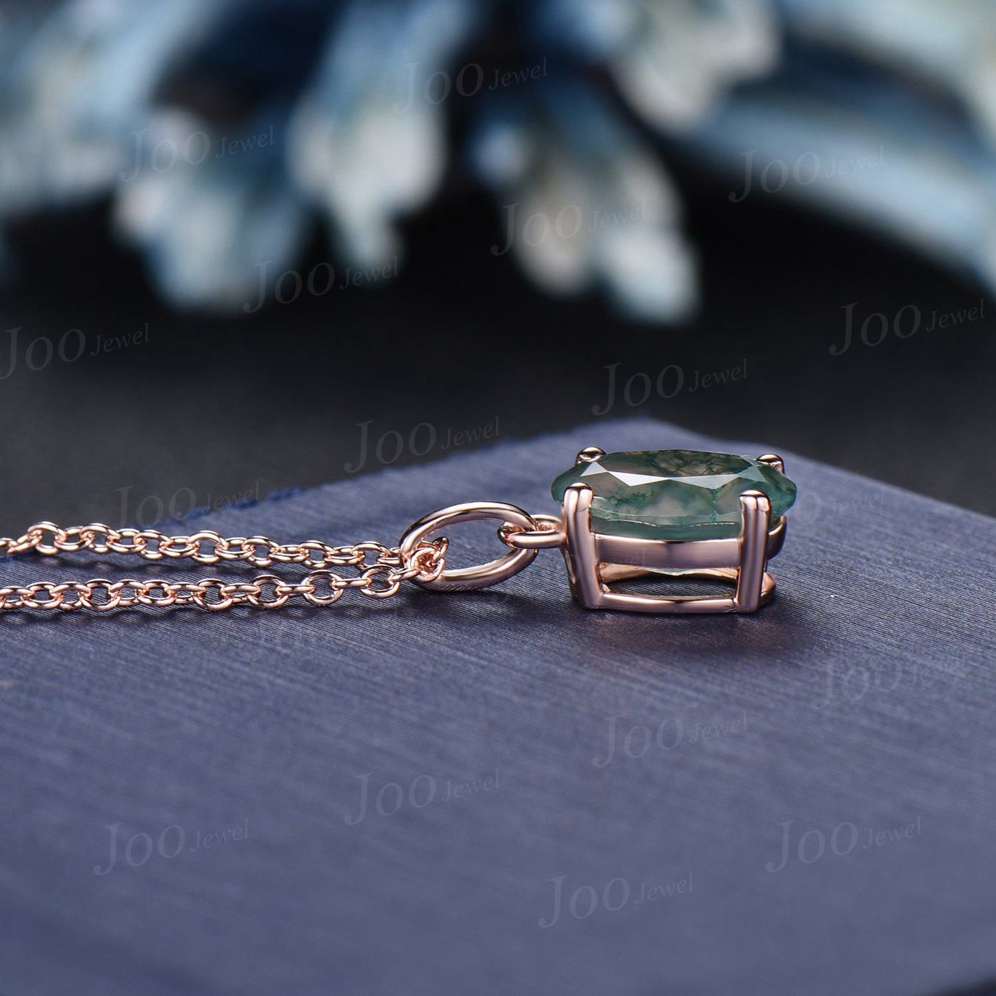 Oval Natural Moss Agate Necklace Solid 14k/18k Rose Gold Vintage Unique Personalized Wedding Pendant For Women Her Anniversary Bridal Gifts