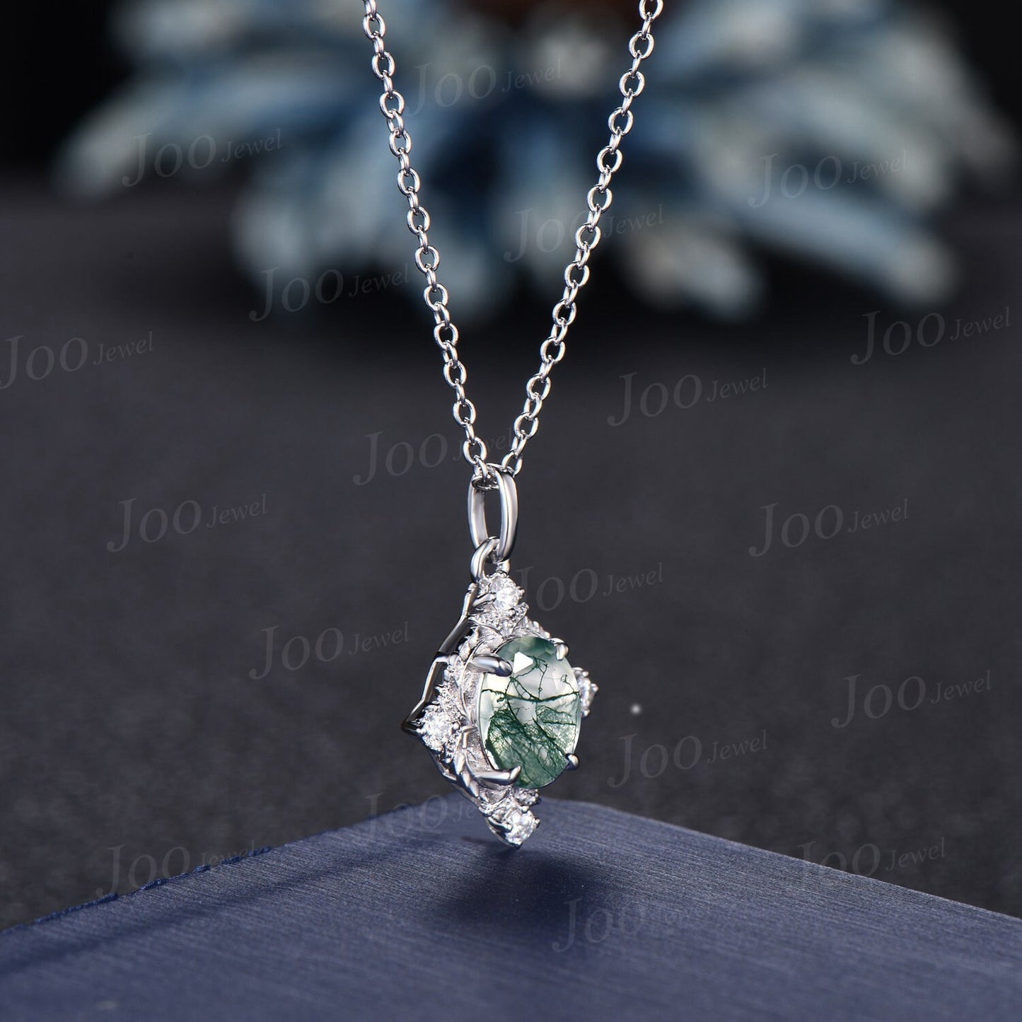 Nature Inspired Natural Green Moss Agate Pendant Necklace 14K Solid Gold Branch Necklace Leaf Vine Halo Moissanite Sterling Silver Necklaces