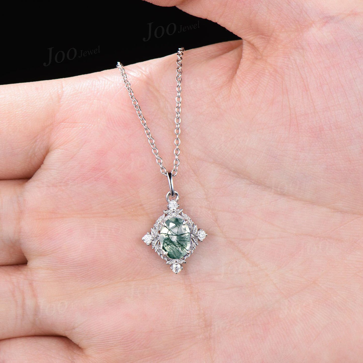 Nature Inspired Natural Green Moss Agate Pendant Necklace 14K Solid Gold Branch Necklace Leaf Vine Halo Moissanite Sterling Silver Necklaces