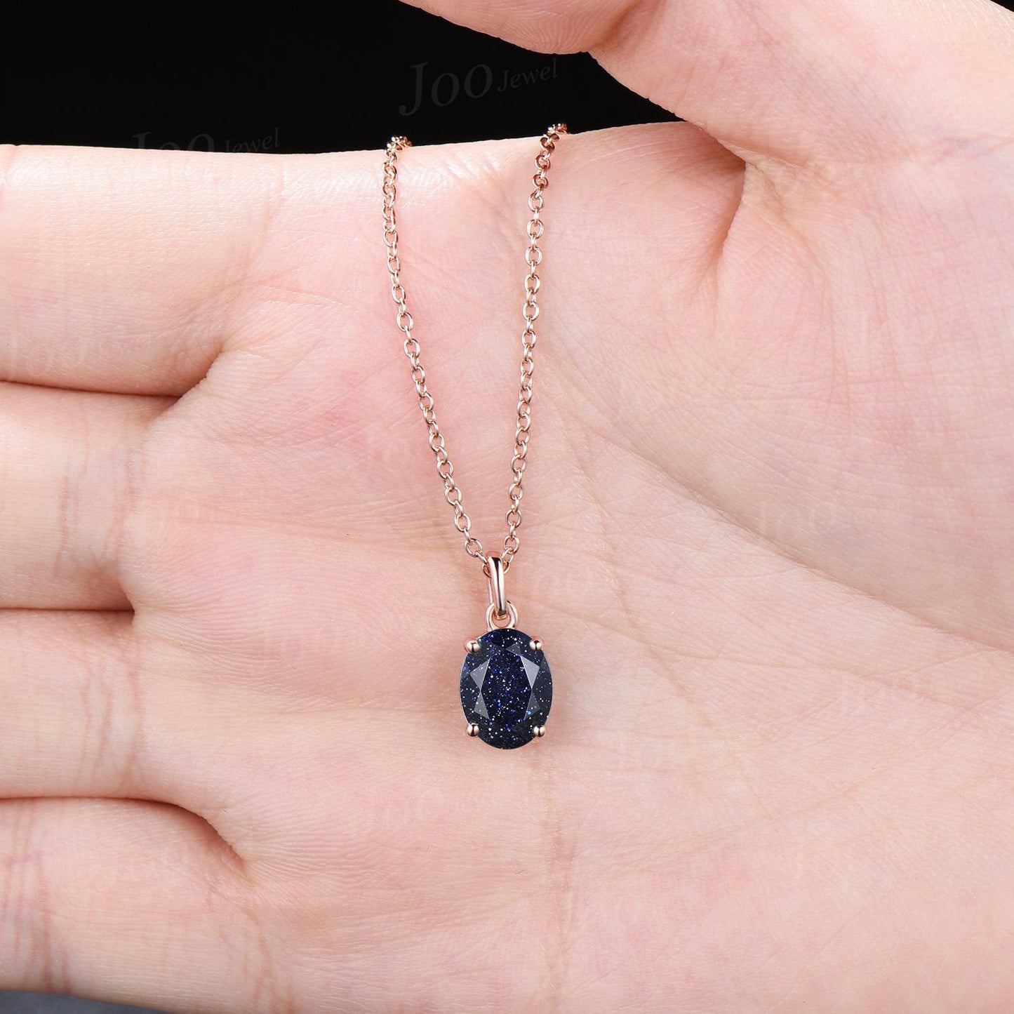 Galaxy Blue Sandstone Pendant Necklace Silver/14K Rose Gold Starry Sky Blue Goldstone Wedding Necklace Unique Dainty Oval Gemstone Necklace