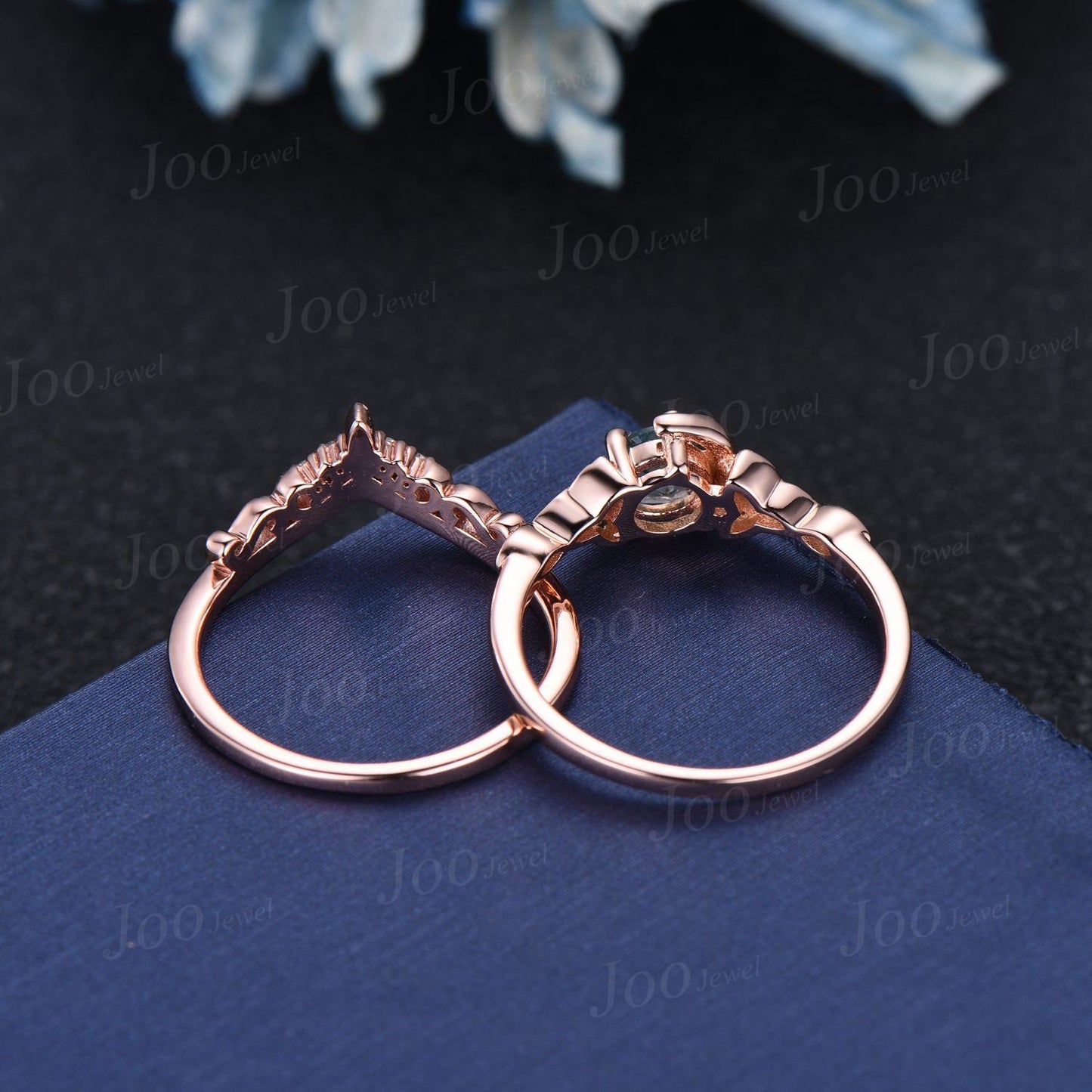 5mm Round Cut Natural Moss Agate Moon Wedding Ring Set Vintage Celtic Knot Trinity Band 10K Rose Gold Moissanite Aquatic Agate Bridal Ring