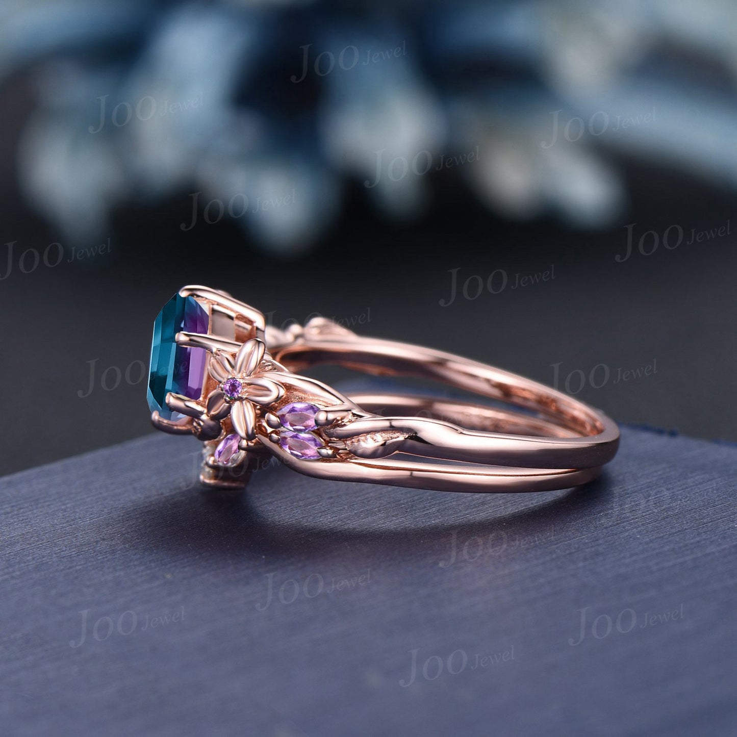 1ct Hexagon Flower Nature Inspired Color-Change Alexandrite Engagement Ring Set Rose Gold Amethyst Wedding Ring June Birthstone Jewelry Gift