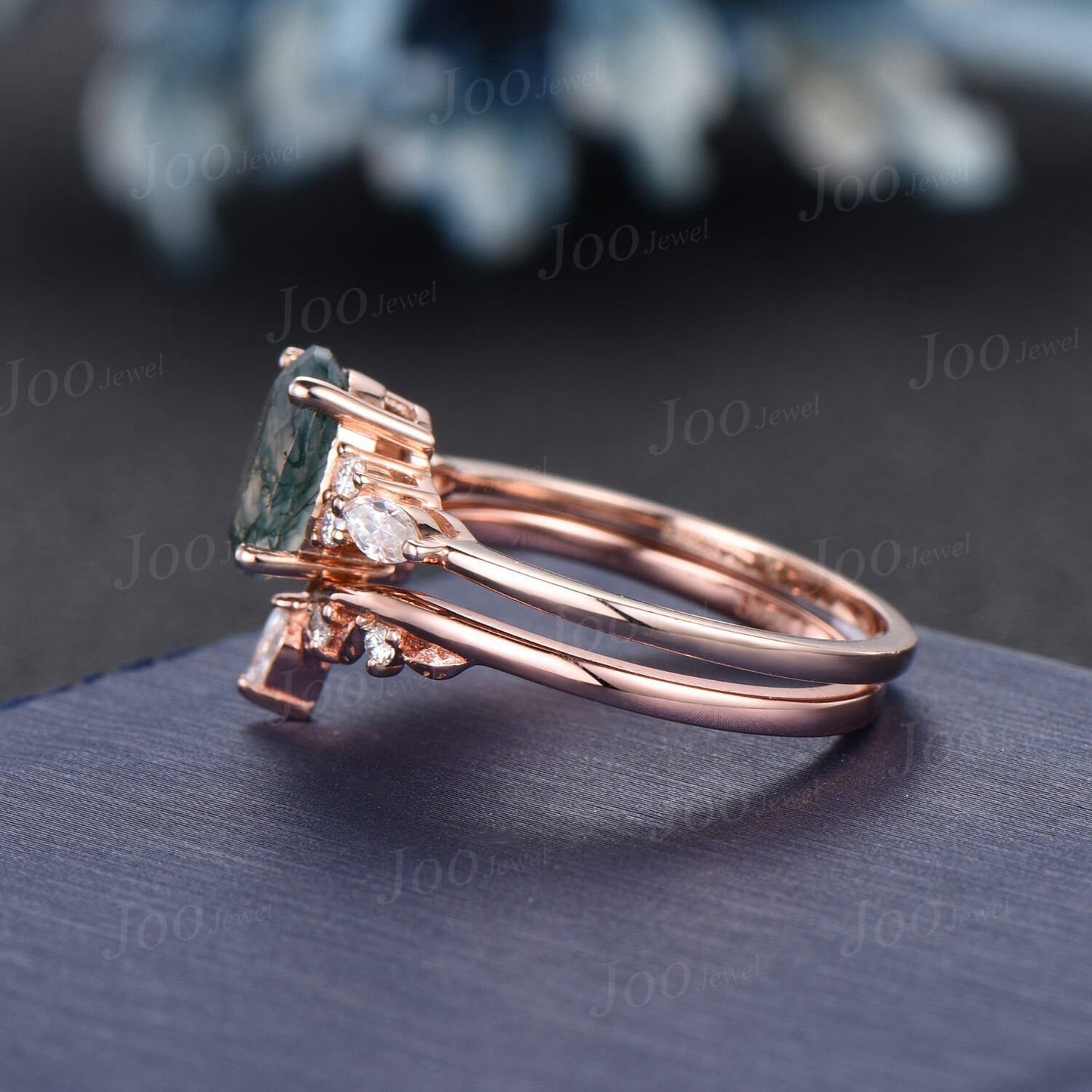 1.5ct Oval Cut Moss Agate Engagement Bridal Ring Set 14K Rose Gold Cluster Moissanite Diamond Ring Twig Vine Branch Wedding Band for Women